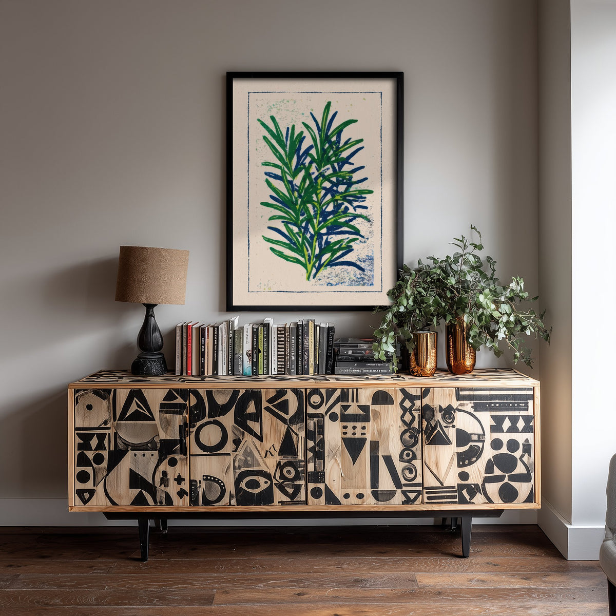 Rosemary Sprig Art Print - Herb Garden Kitchen Poster - Green and Navy Woodcut V1 1/3