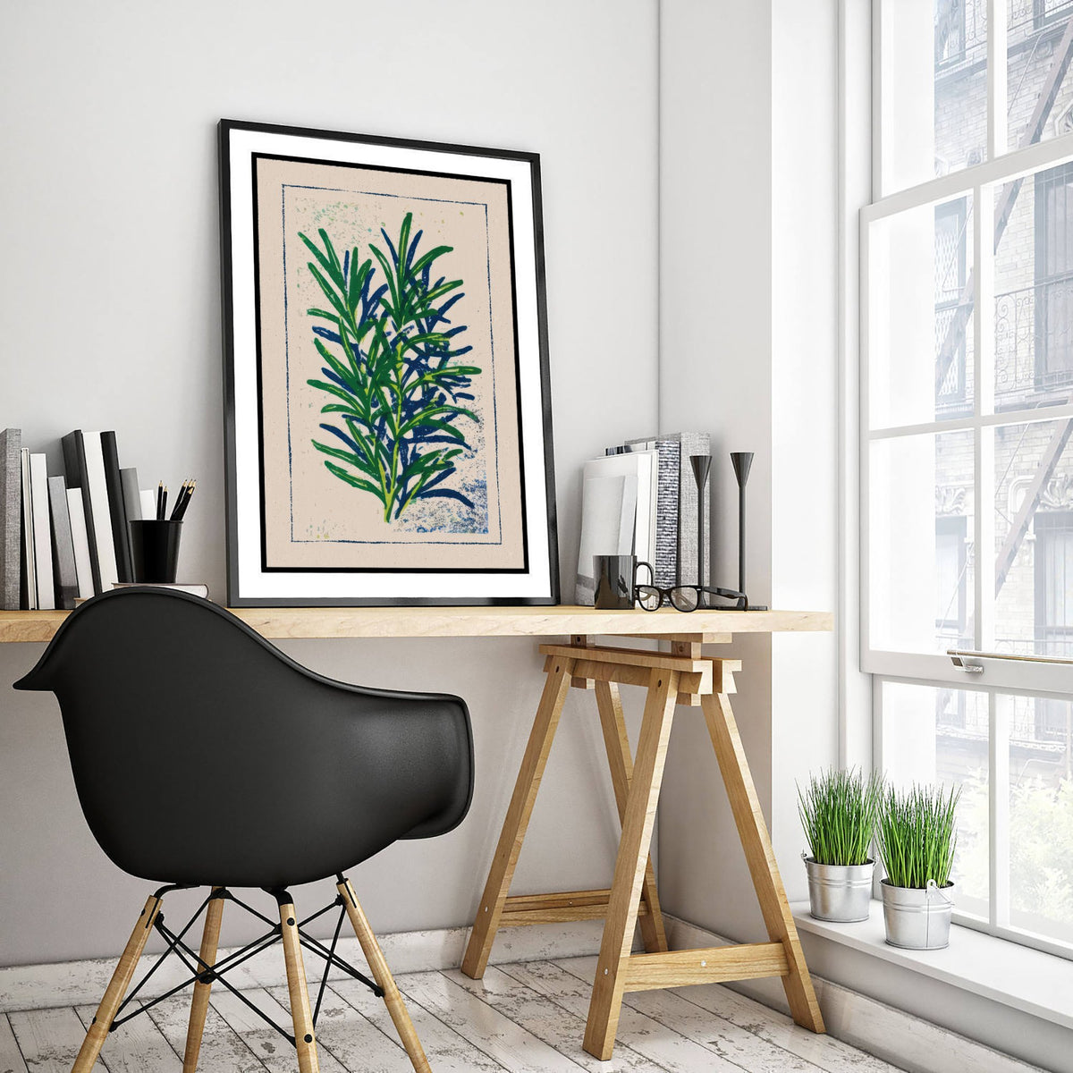 Rosemary Sprig Art Print - Herb Garden Kitchen Poster - Green and Navy Woodcut V1 1/3