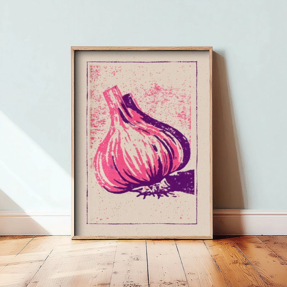 Garlic Bulb Art Print - Pink and Purple Kitchen Poster - Bold Linocut Style Woodcut V1 3/3