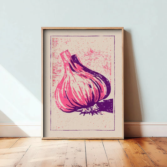 Garlic Bulb Art Print - Pink and Purple Kitchen Poster - Bold Linocut Style Woodcut V1 3/3