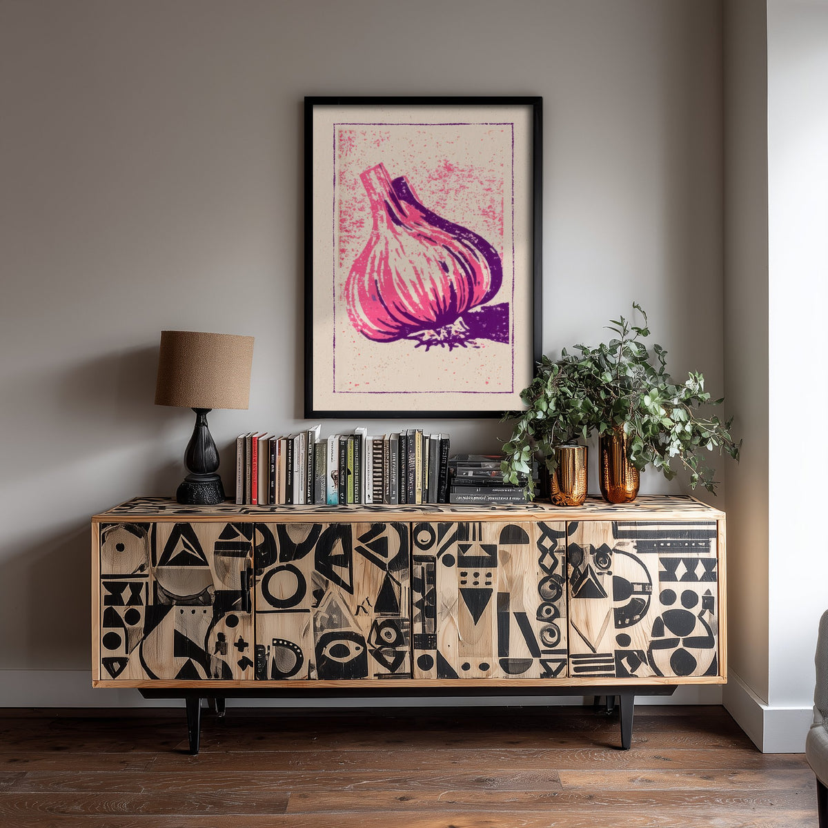Garlic Bulb Art Print - Pink and Purple Kitchen Poster - Bold Linocut Style Woodcut V1 3/3