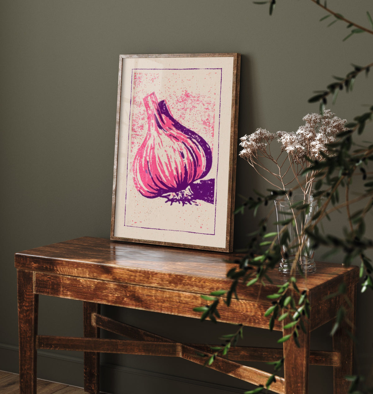 Garlic Bulb Art Print - Pink and Purple Kitchen Poster - Bold Linocut Style Woodcut V1 3/3