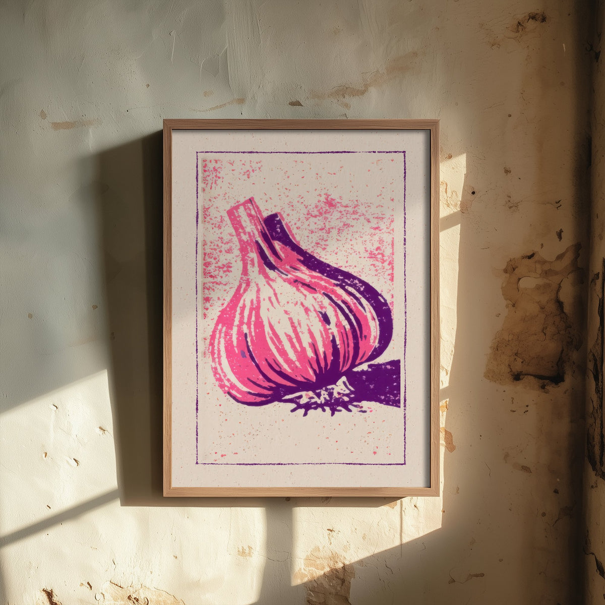 Garlic Bulb Art Print - Pink and Purple Kitchen Poster - Bold Linocut Style Woodcut V1 3/3