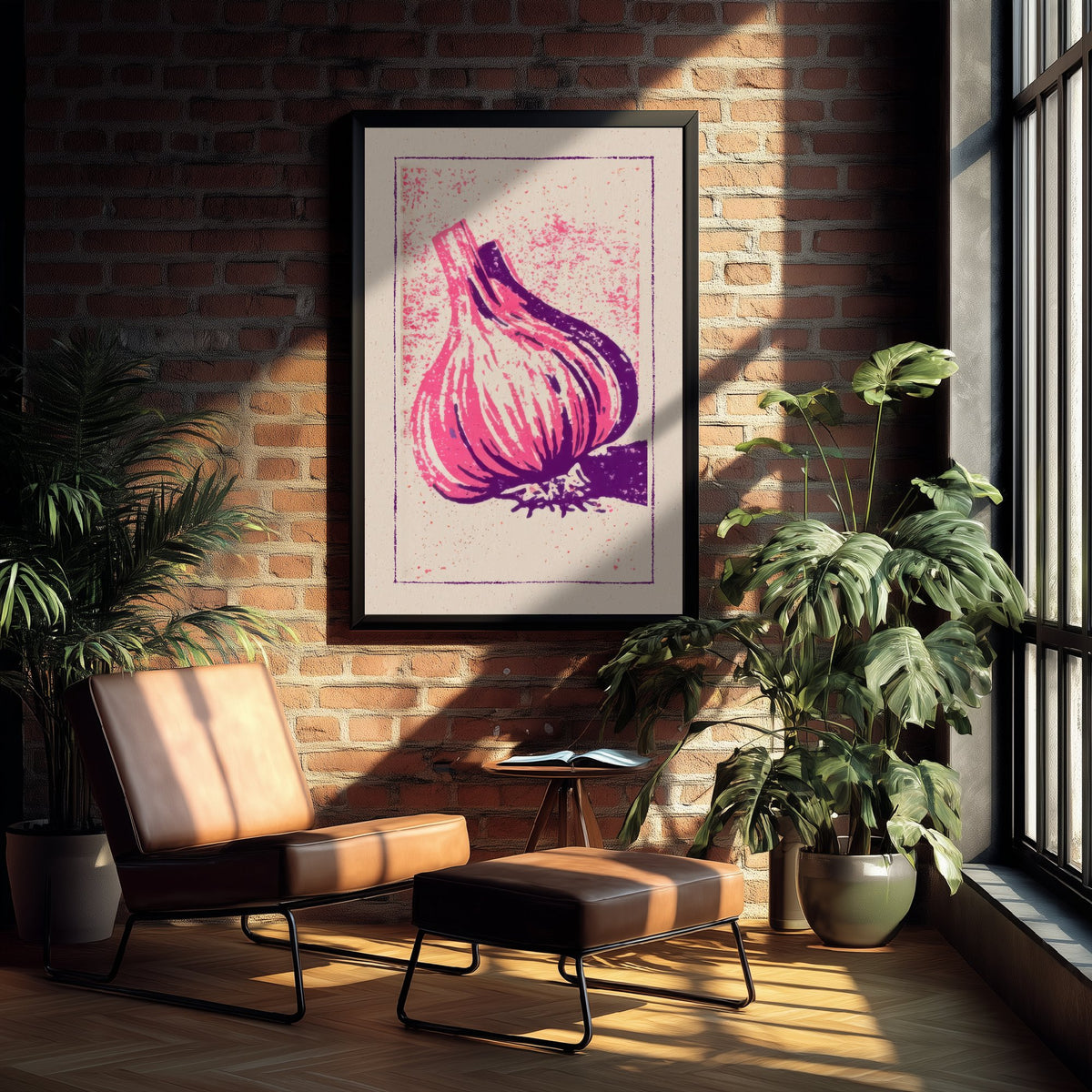 Garlic Bulb Art Print - Pink and Purple Kitchen Poster - Bold Linocut Style Woodcut V1 3/3