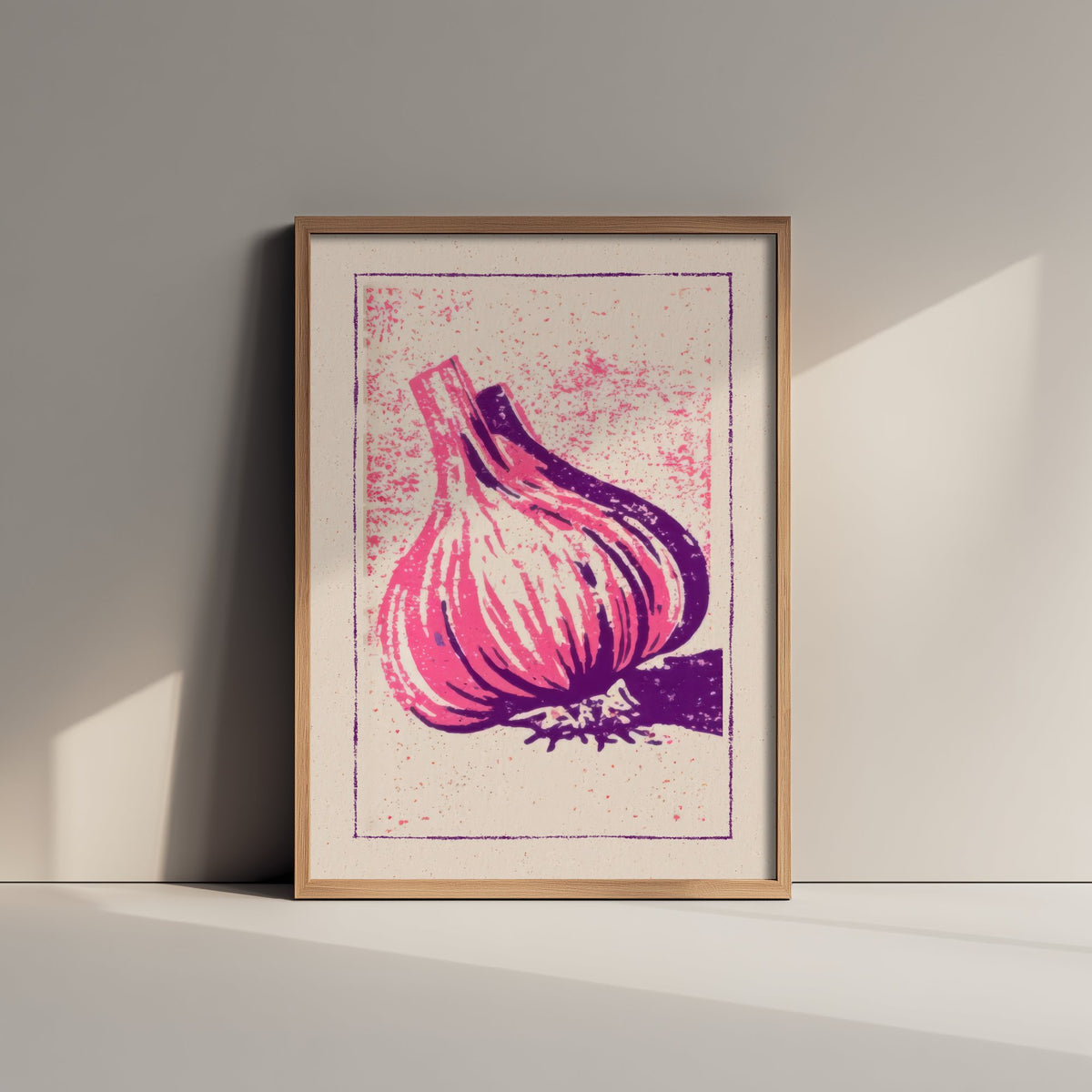 Garlic Bulb Art Print - Pink and Purple Kitchen Poster - Bold Linocut Style Woodcut V1 3/3