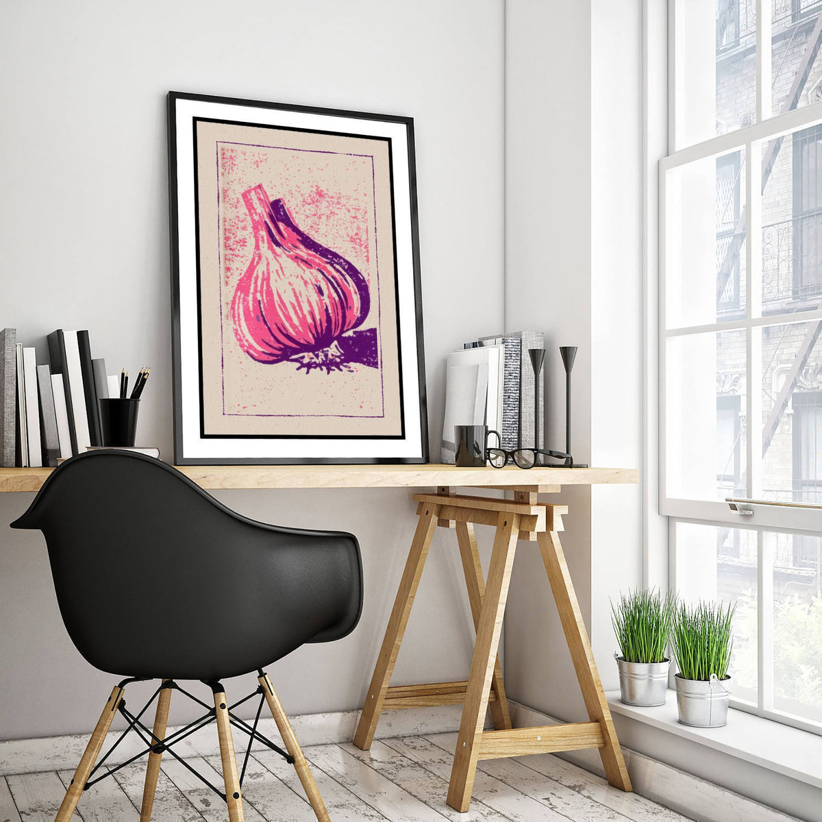 Garlic Bulb Art Print - Pink and Purple Kitchen Poster - Bold Linocut Style Woodcut V1 3/3