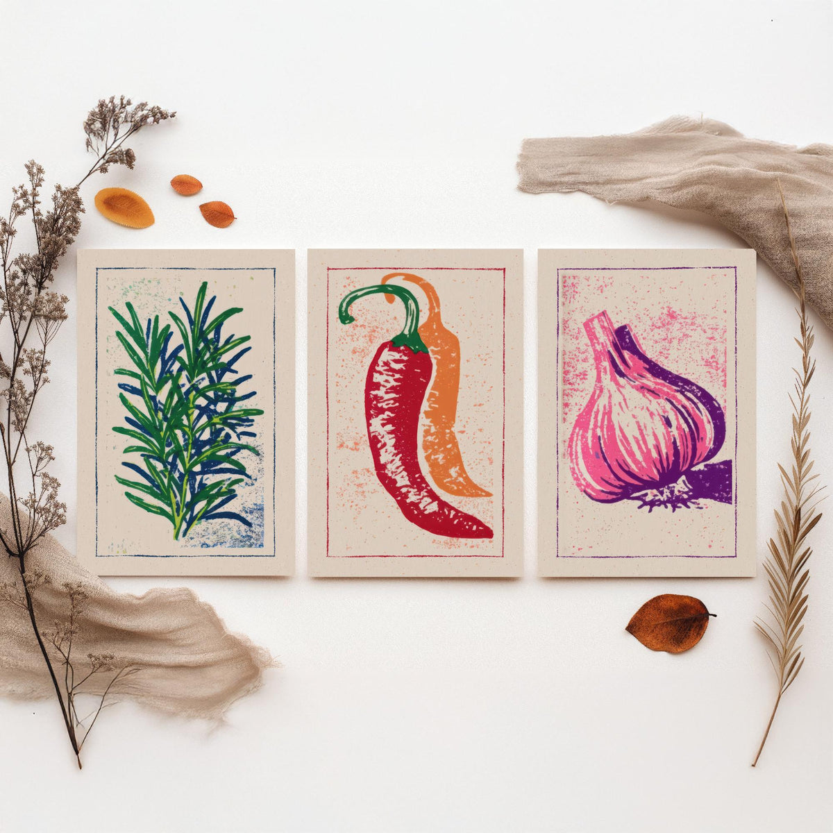 Herbs and Spices Set of Three Art Prints - Rosemary, Chilli, Garlic - Linocut Kitchen Poster Woodcut Illustration V1
