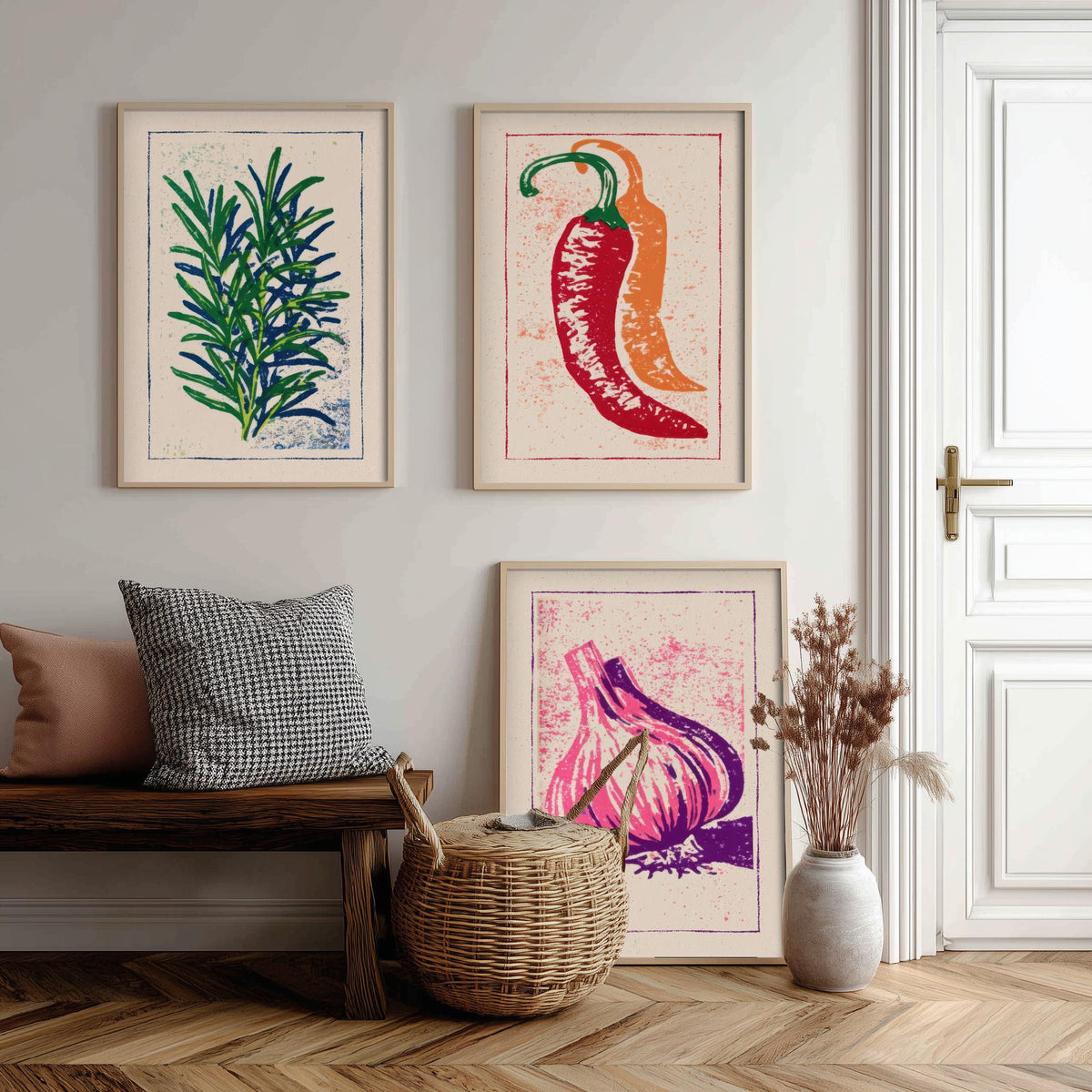 Herbs and Spices Set of Three Art Prints - Rosemary, Chilli, Garlic - Linocut Kitchen Poster Woodcut Illustration V1