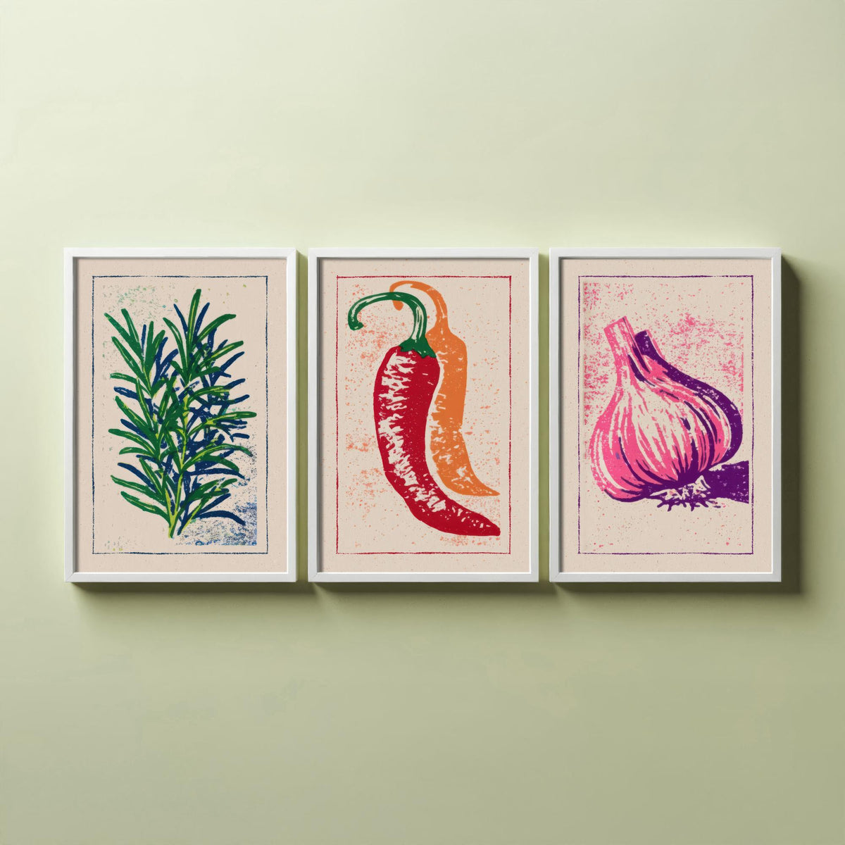 Herbs and Spices Set of Three Art Prints - Rosemary, Chilli, Garlic - Linocut Kitchen Poster Woodcut Illustration V1