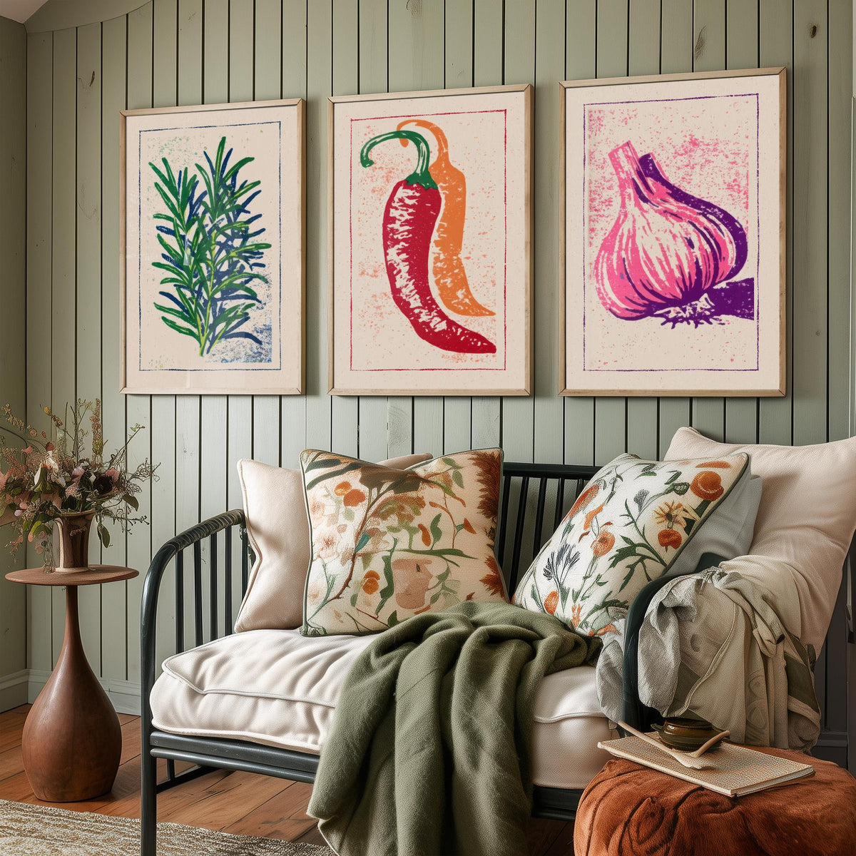 Herbs and Spices Set of Three Art Prints - Rosemary, Chilli, Garlic - Linocut Kitchen Poster Woodcut Illustration V1