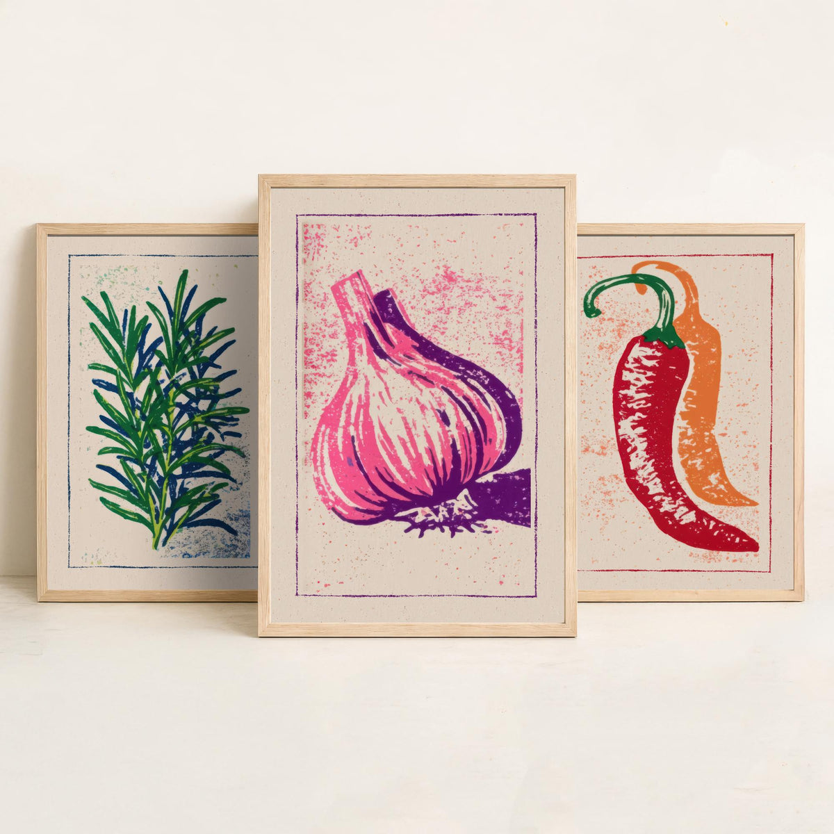 Herbs and Spices Set of Three Art Prints - Rosemary, Chilli, Garlic - Linocut Kitchen Poster Woodcut Illustration V1