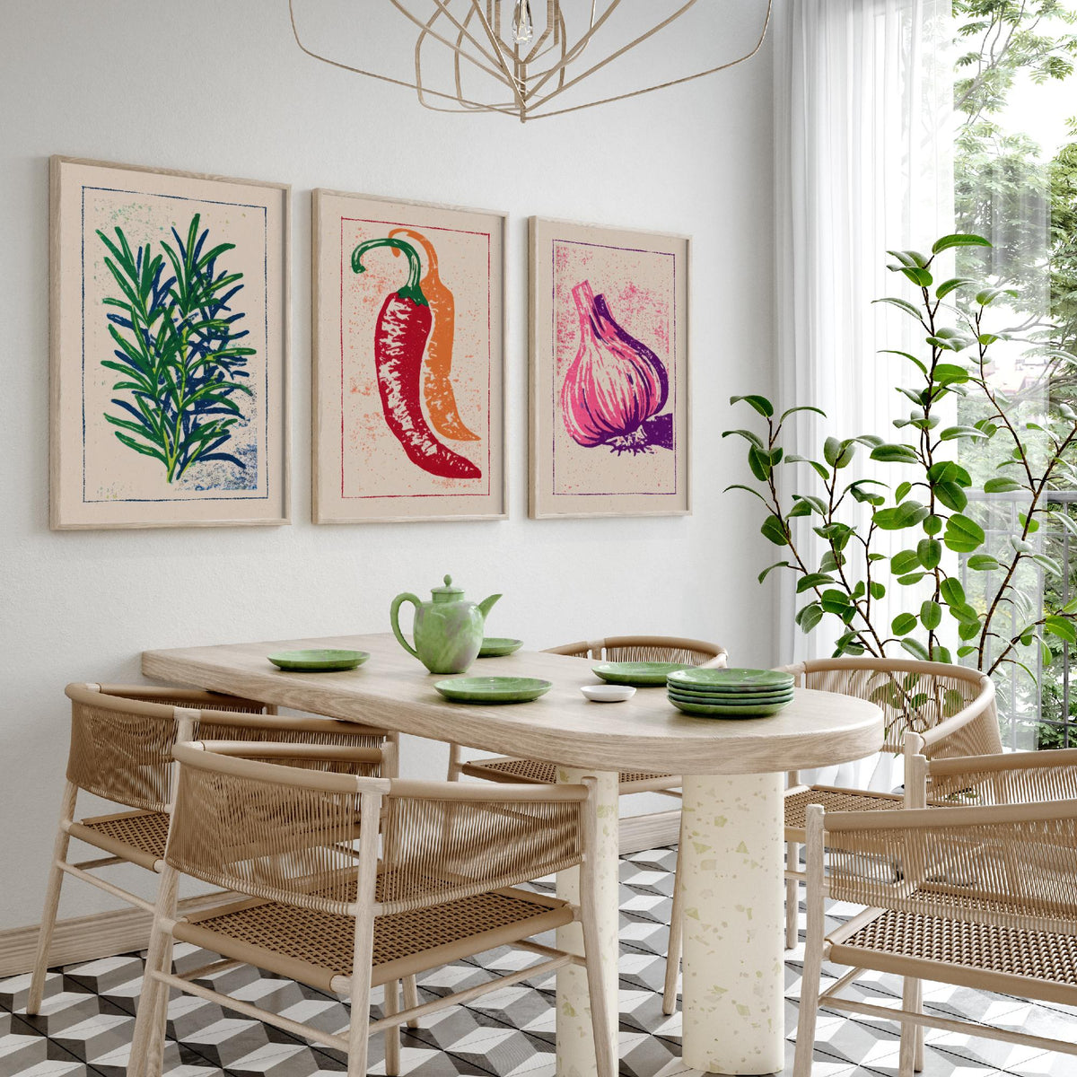 Herbs and Spices Set of Three Art Prints - Rosemary, Chilli, Garlic - Linocut Kitchen Poster Woodcut Illustration V1