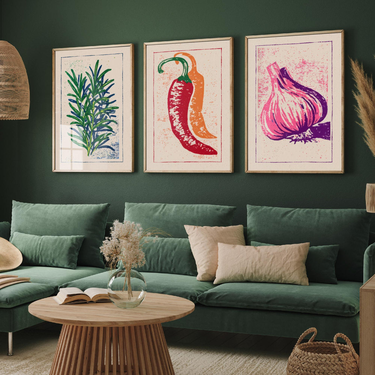 Herbs and Spices Set of Three Art Prints - Rosemary, Chilli, Garlic - Linocut Kitchen Poster Woodcut Illustration V1