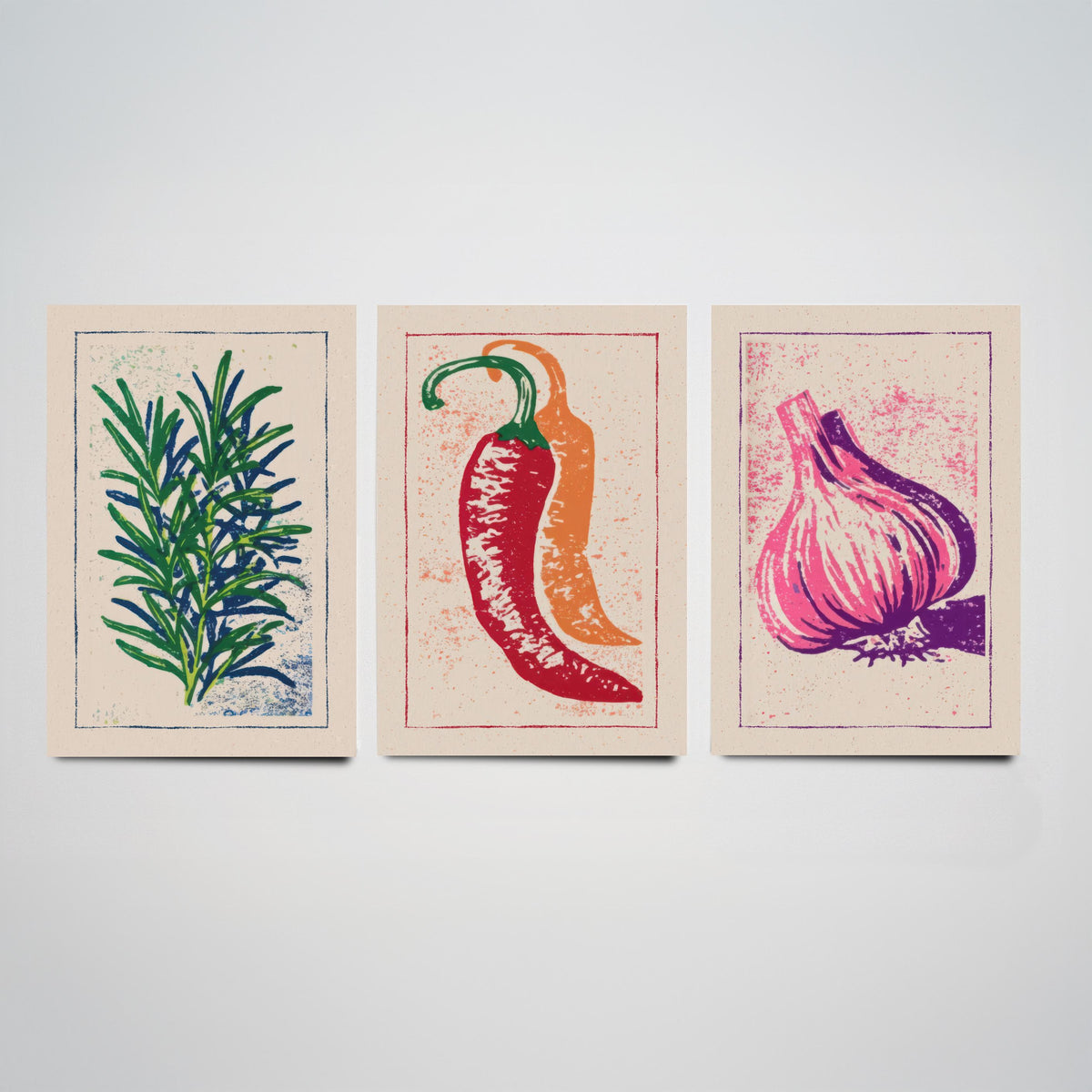 Herbs and Spices Set of Three Art Prints - Rosemary, Chilli, Garlic - Linocut Kitchen Poster Woodcut Illustration V1