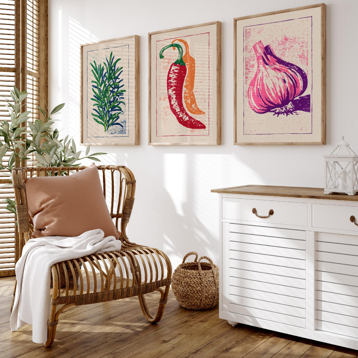 Herbs and Spices Set of Three Art Prints - Rosemary, Chilli, Garlic - Linocut Kitchen Poster Woodcut Illustration V1