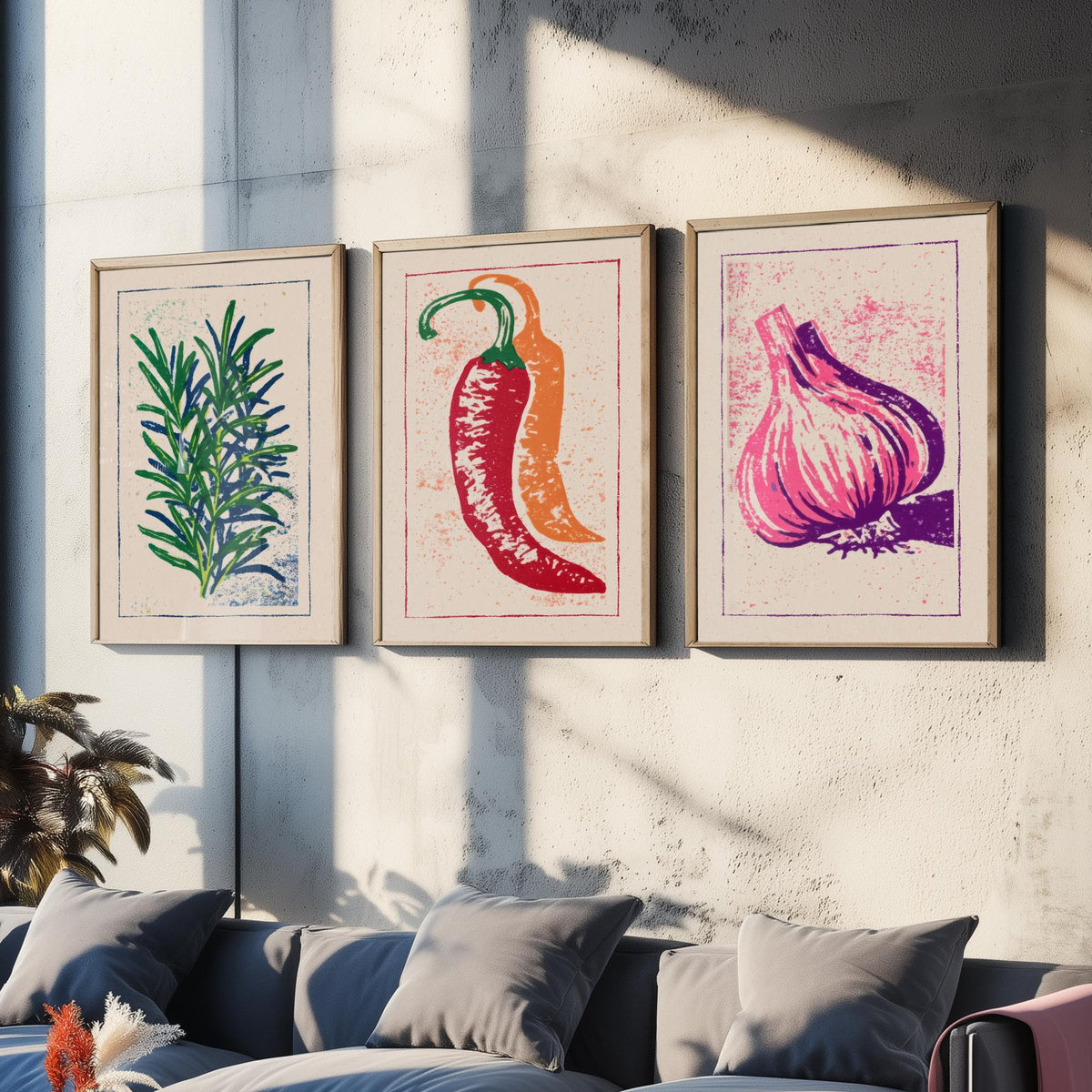 Herbs and Spices Set of Three Art Prints - Rosemary, Chilli, Garlic - Linocut Kitchen Poster Woodcut Illustration V1