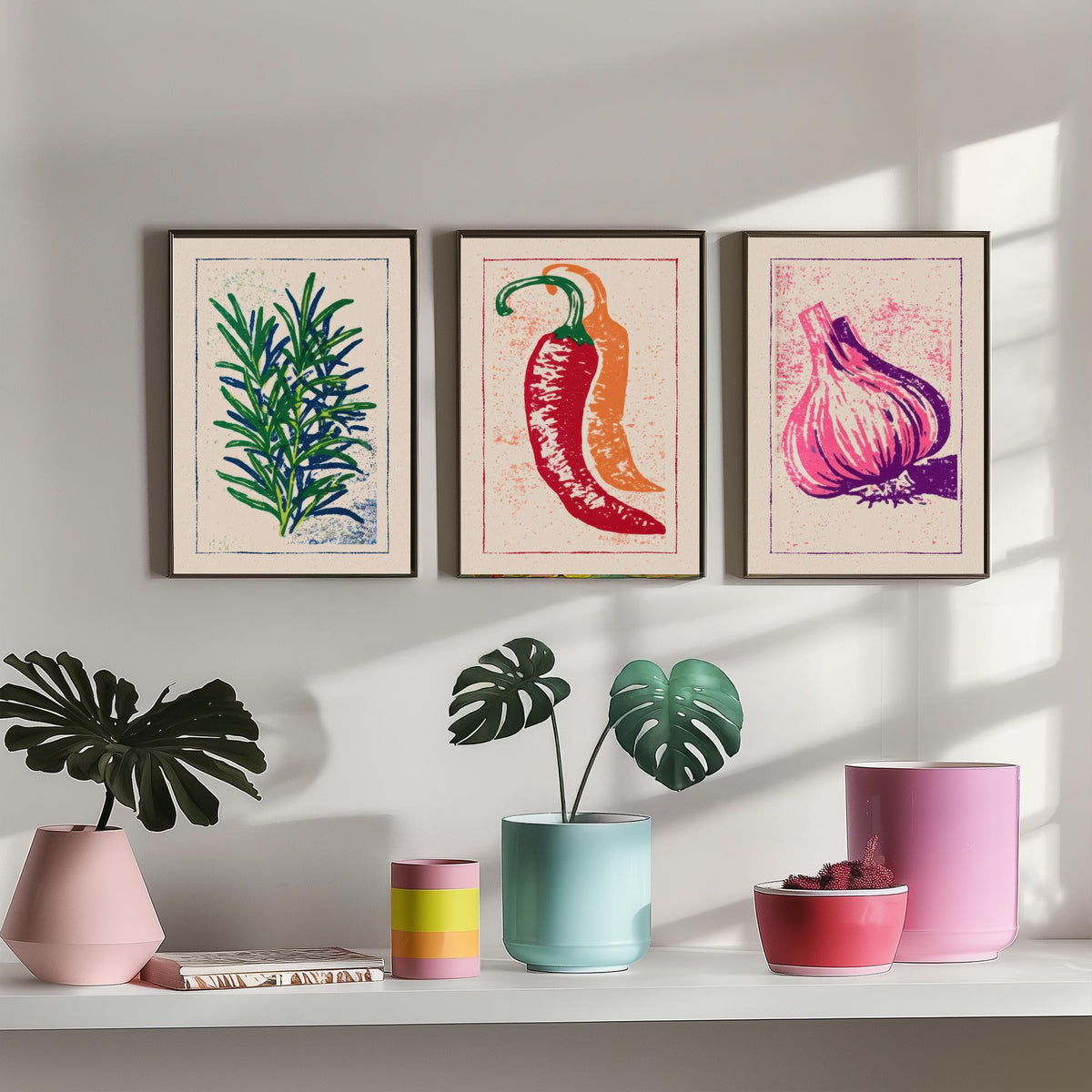Herbs and Spices Set of Three Art Prints - Rosemary, Chilli, Garlic - Linocut Kitchen Poster Woodcut Illustration V1