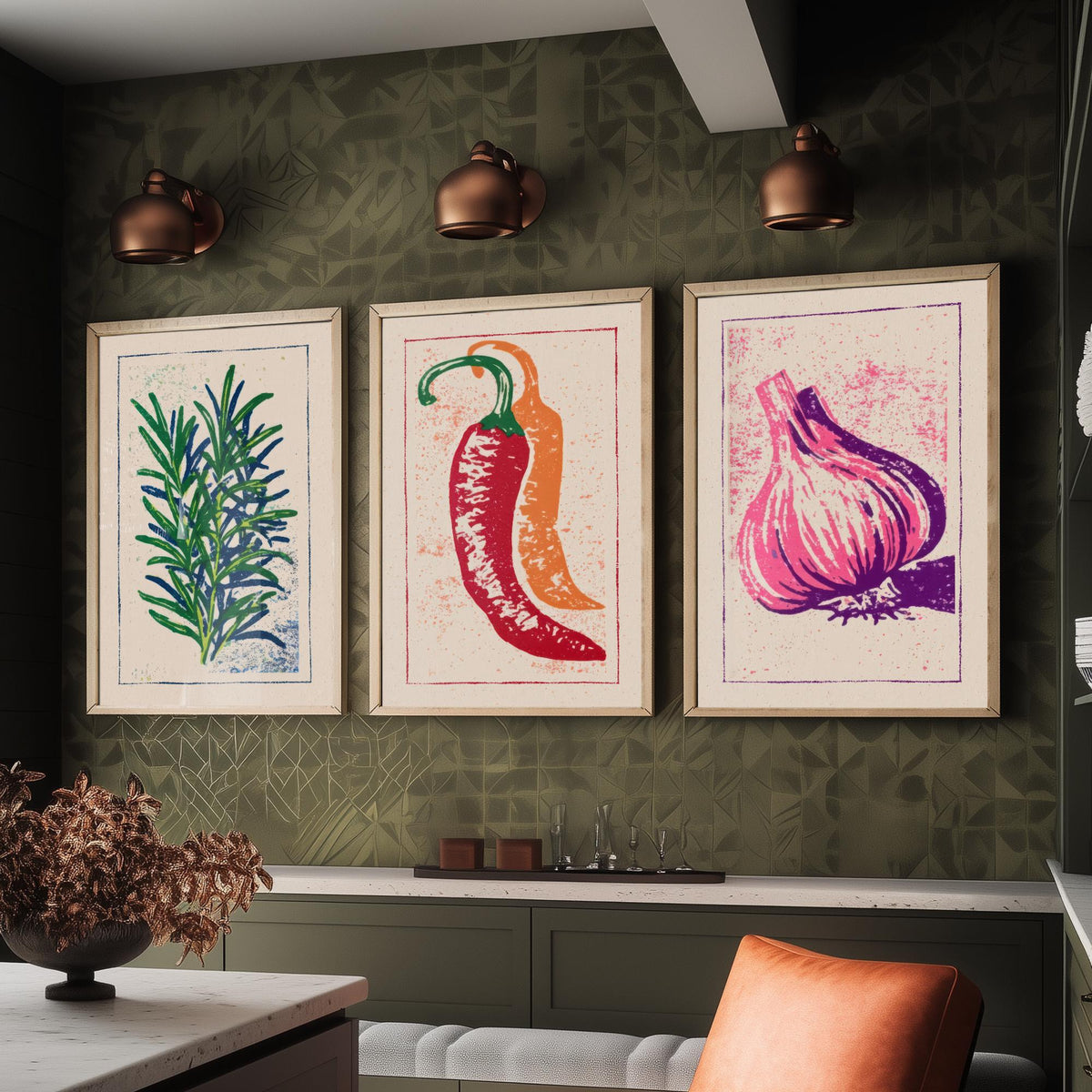 Herbs and Spices Set of Three Art Prints - Rosemary, Chilli, Garlic - Linocut Kitchen Poster Woodcut Illustration V1