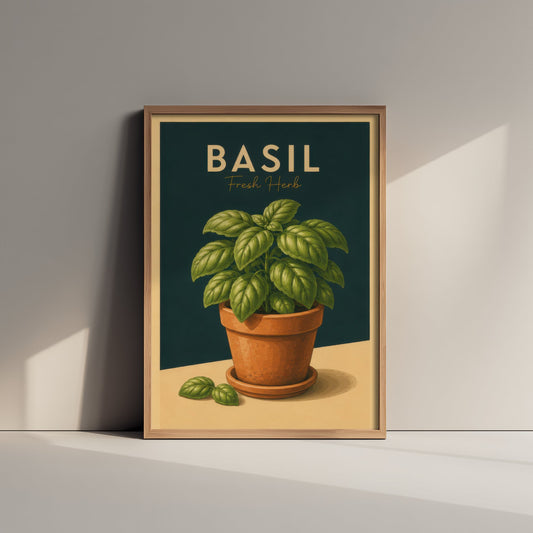 Vintage Basil Art Print - Fresh Herb Kitchen Poster - Botanical Illustration - Herb Garden Wall Art 1/3