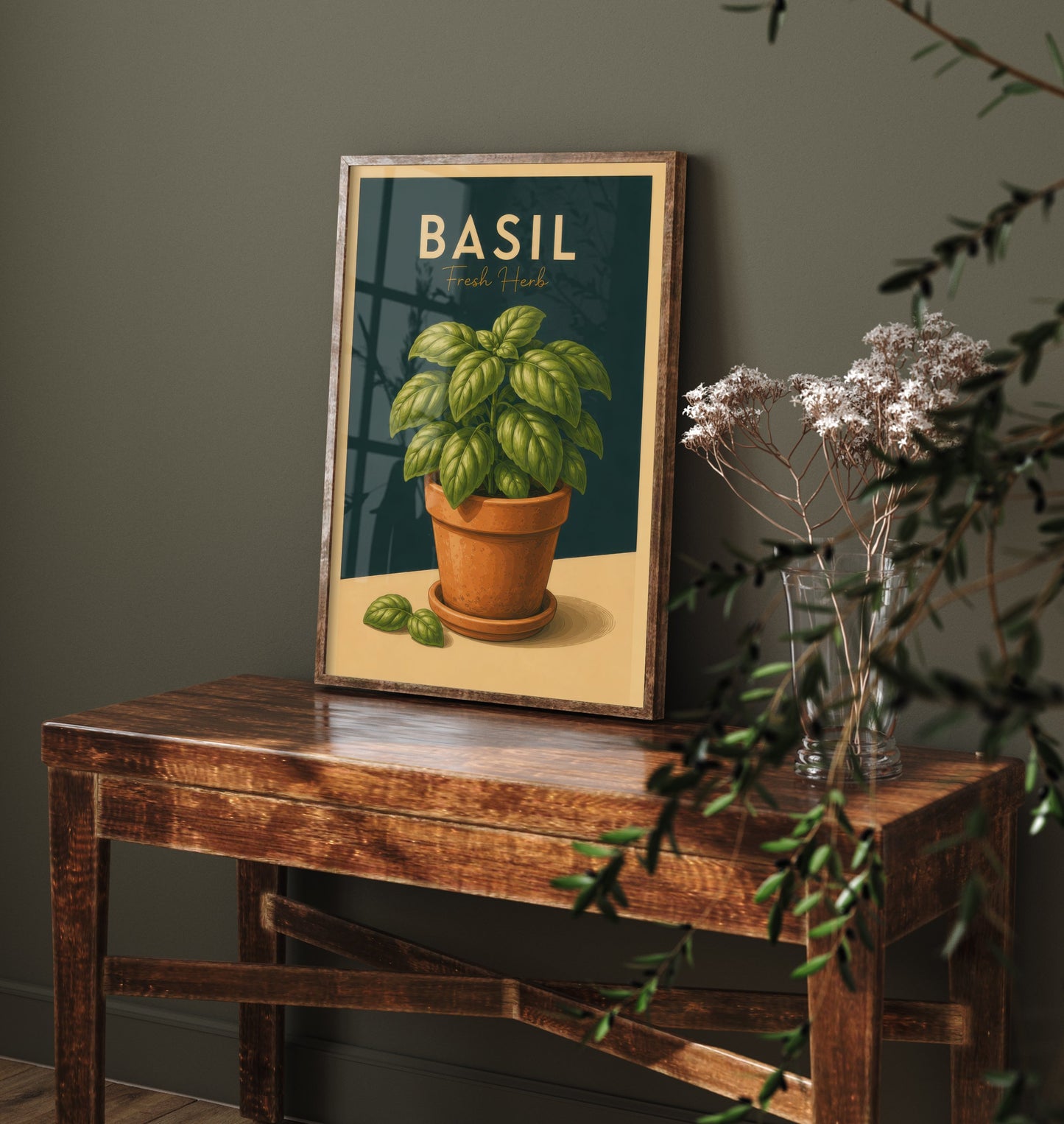 Vintage Basil Art Print - Fresh Herb Kitchen Poster - Botanical Illustration - Herb Garden Wall Art 1/3