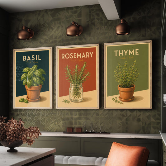 Vintage Herbs Set of Three Kitchen Art Prints - Basil, Rosemary, Thyme - Retro Foodie Poster Illustration Gift Wall Decor