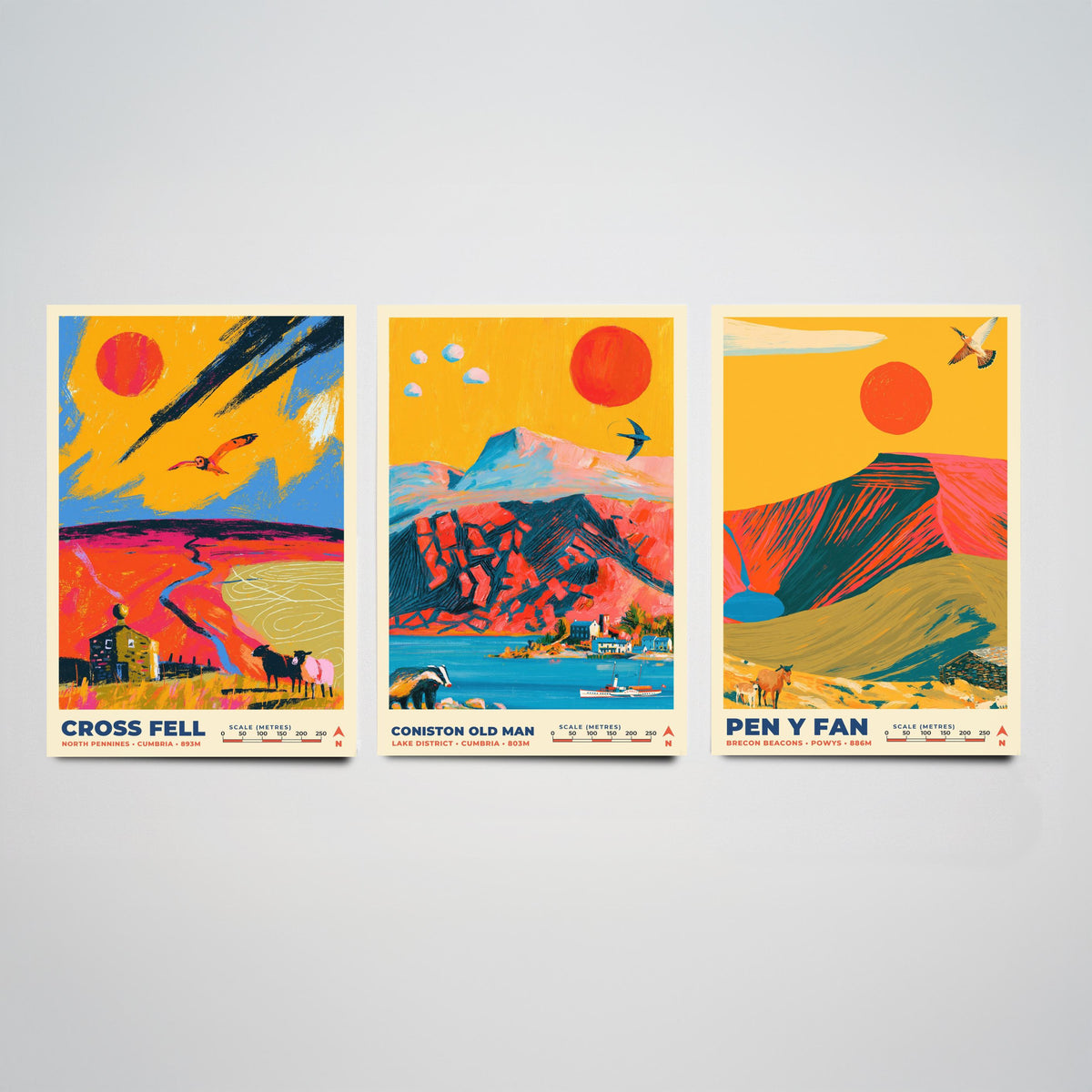 Heritage and Outliers Set of Three Art Prints, Cross Fell Coniston Old Man and Pen y Fan Poster Illustration