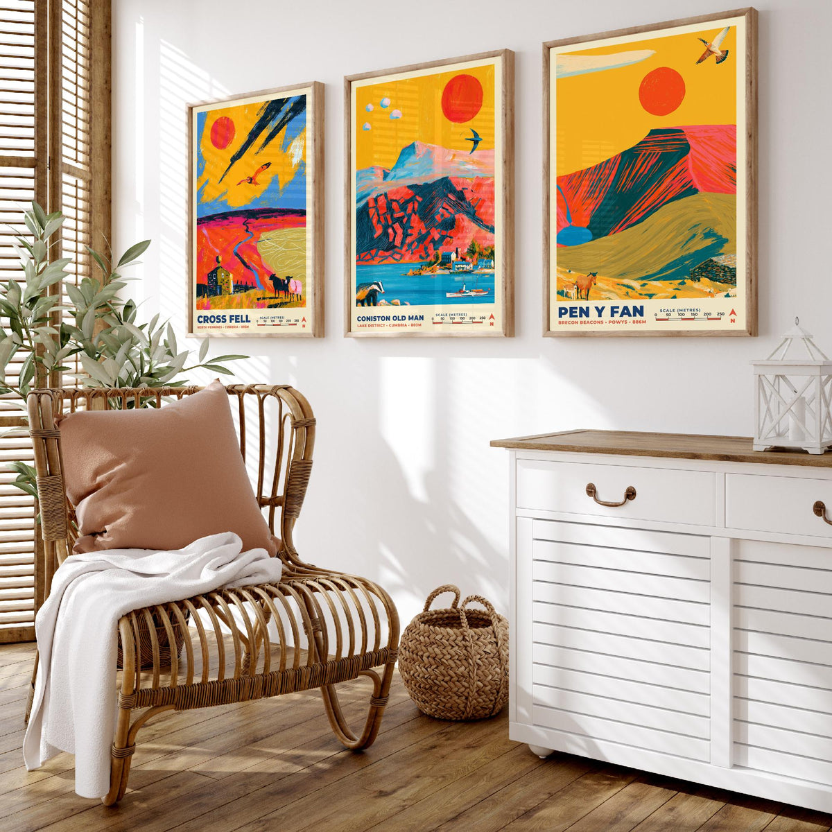 Heritage and Outliers Set of Three Art Prints, Cross Fell Coniston Old Man and Pen y Fan Poster Illustration