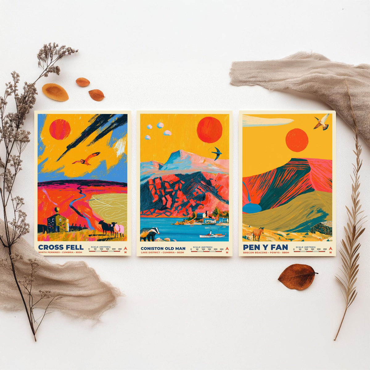 Heritage and Outliers Set of Three Art Prints, Cross Fell Coniston Old Man and Pen y Fan Poster Illustration