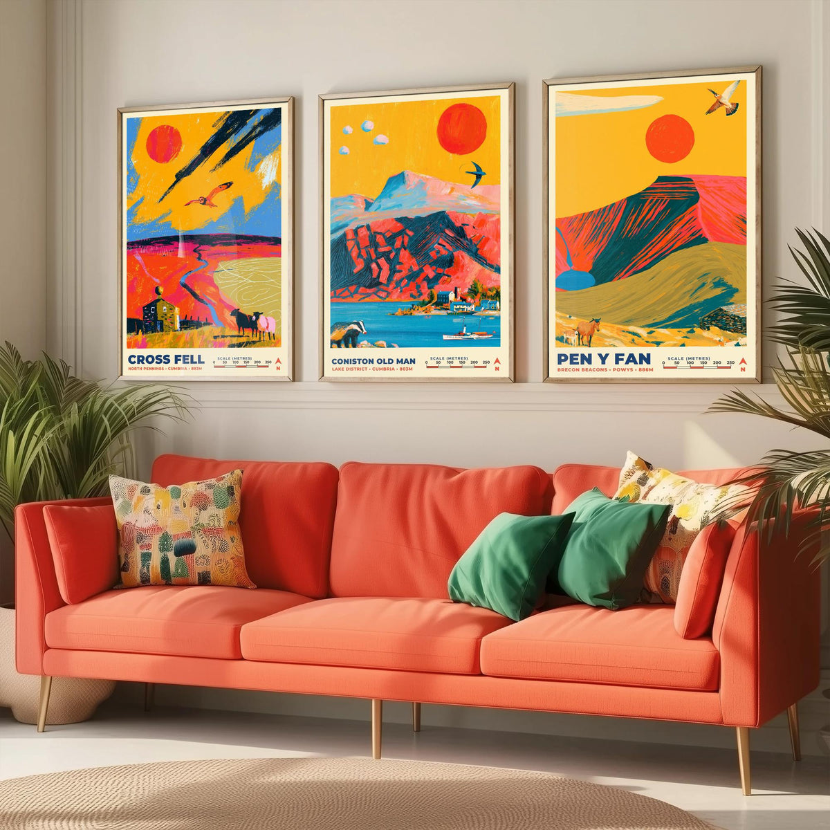 Heritage and Outliers Set of Three Art Prints, Cross Fell Coniston Old Man and Pen y Fan Poster Illustration