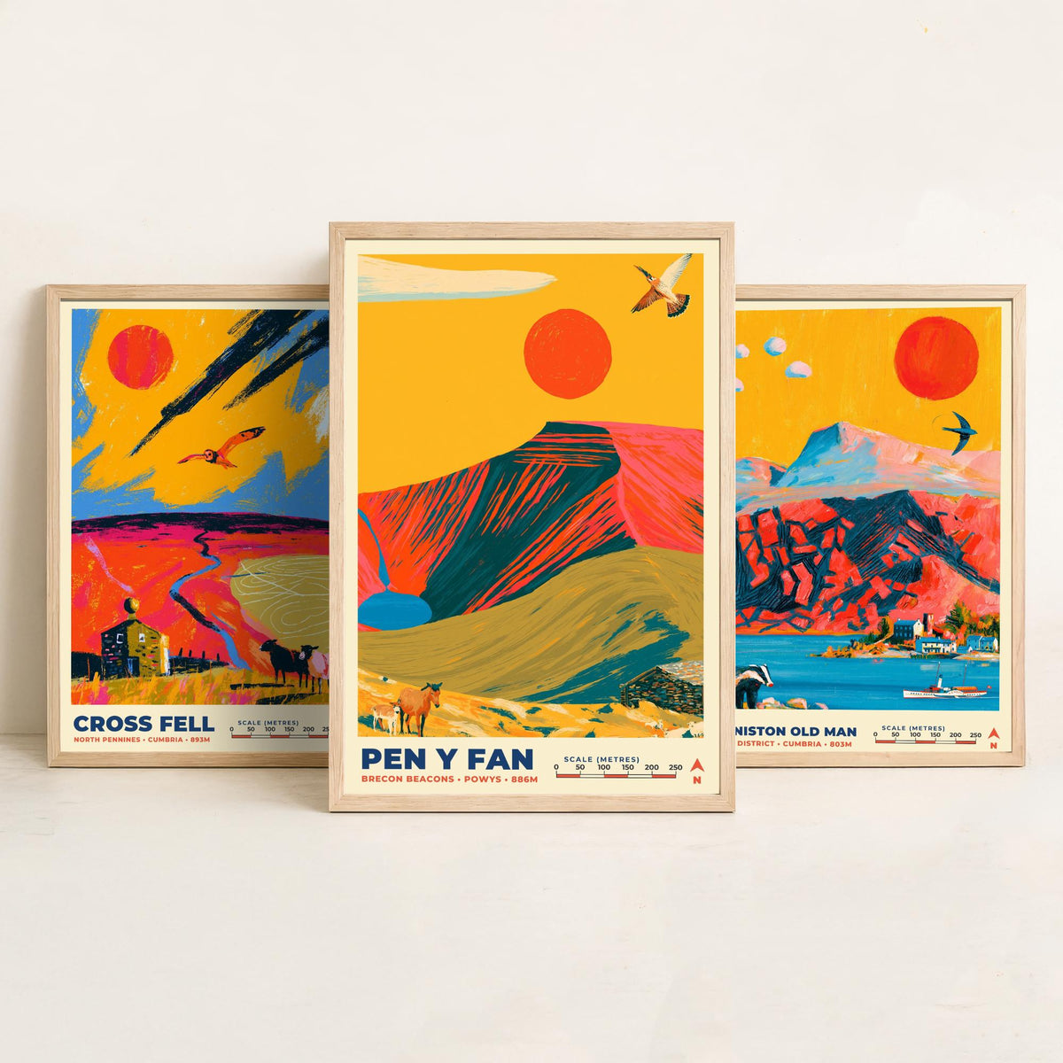 Heritage and Outliers Set of Three Art Prints, Cross Fell Coniston Old Man and Pen y Fan Poster Illustration