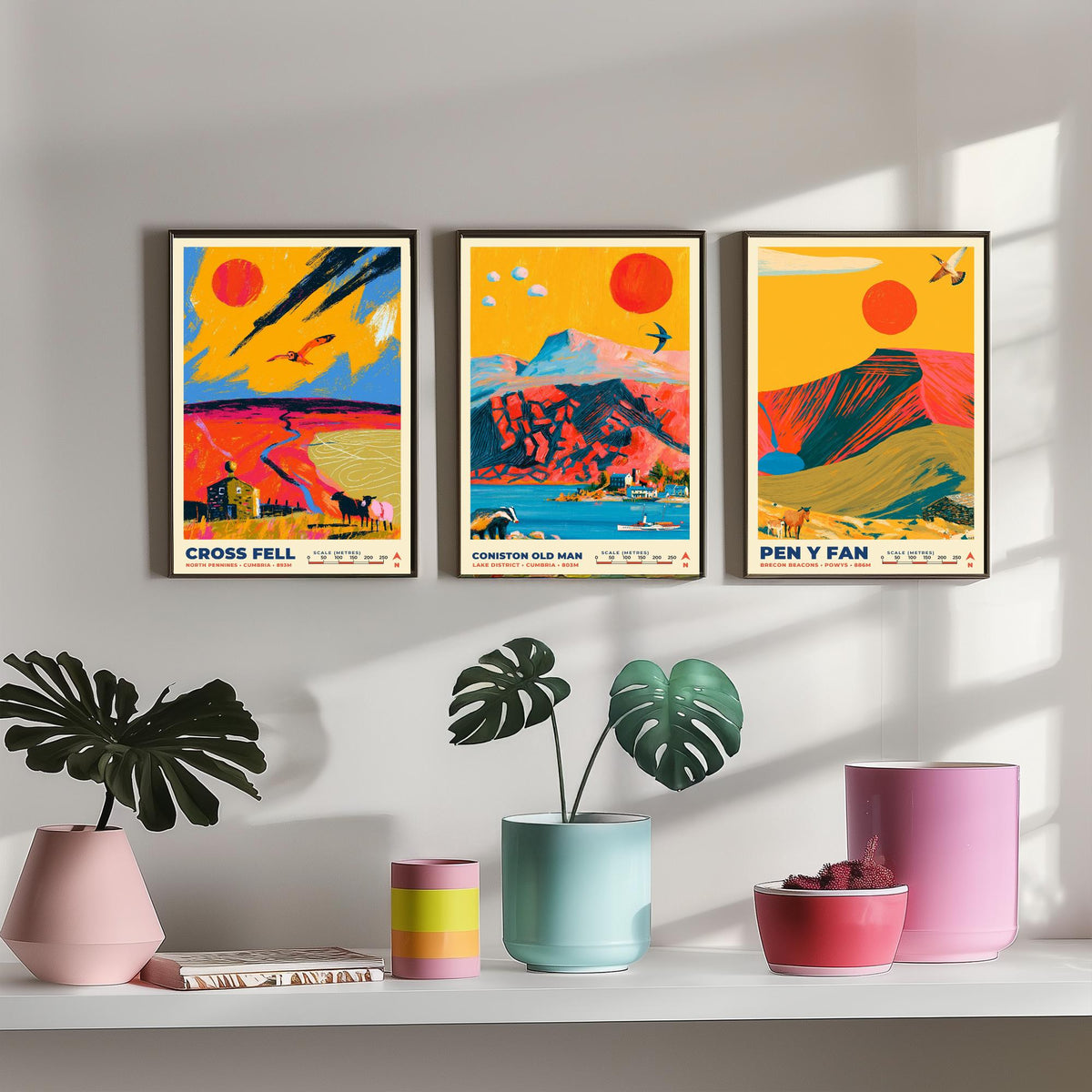 Heritage and Outliers Set of Three Art Prints, Cross Fell Coniston Old Man and Pen y Fan Poster Illustration