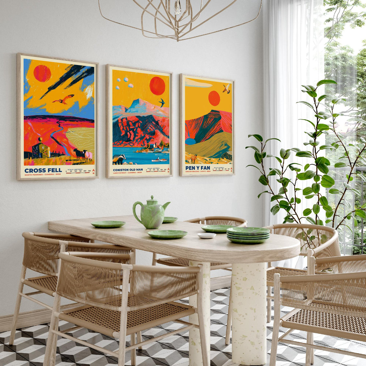 Heritage and Outliers Set of Three Art Prints, Cross Fell Coniston Old Man and Pen y Fan Poster Illustration