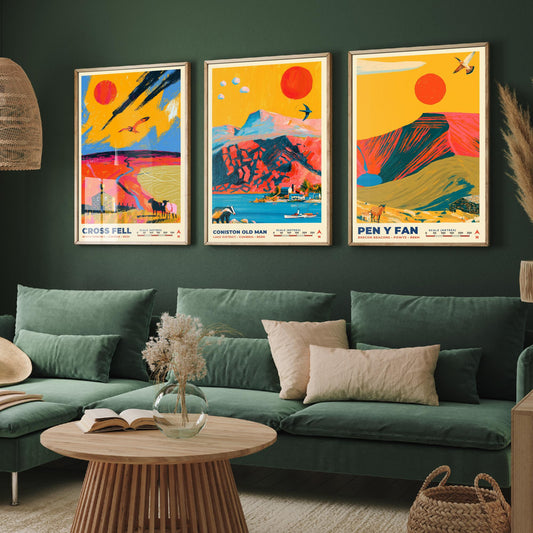 Heritage and Outliers Set of Three Art Prints, Cross Fell Coniston Old Man and Pen y Fan Poster Illustration