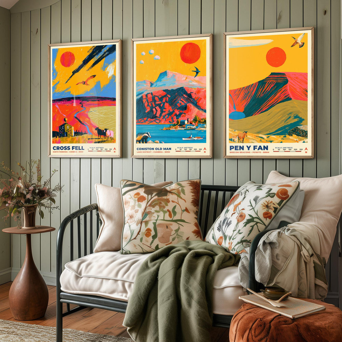 Heritage and Outliers Set of Three Art Prints, Cross Fell Coniston Old Man and Pen y Fan Poster Illustration