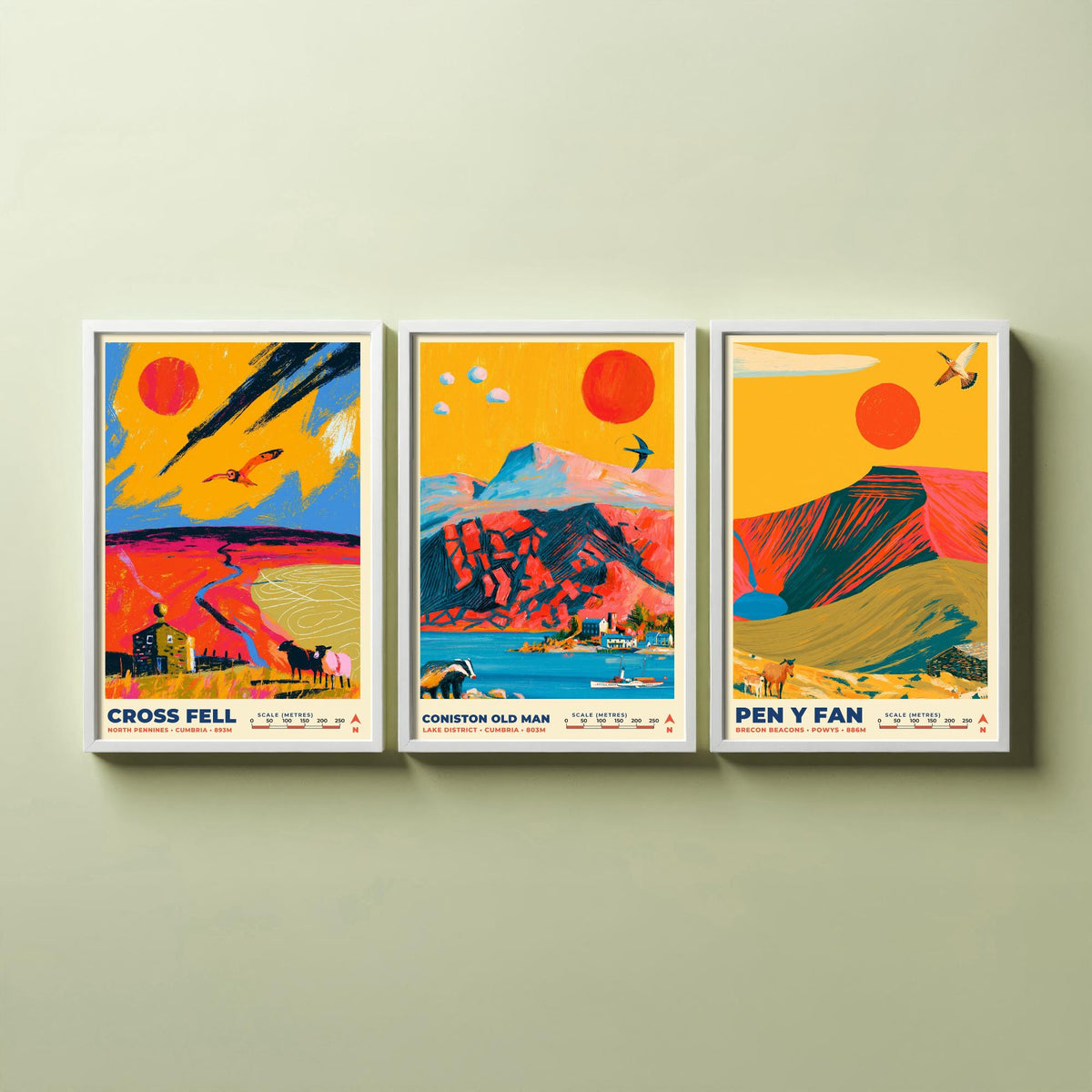 Heritage and Outliers Set of Three Art Prints, Cross Fell Coniston Old Man and Pen y Fan Poster Illustration