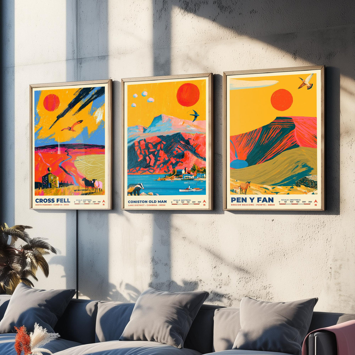 Heritage and Outliers Set of Three Art Prints, Cross Fell Coniston Old Man and Pen y Fan Poster Illustration