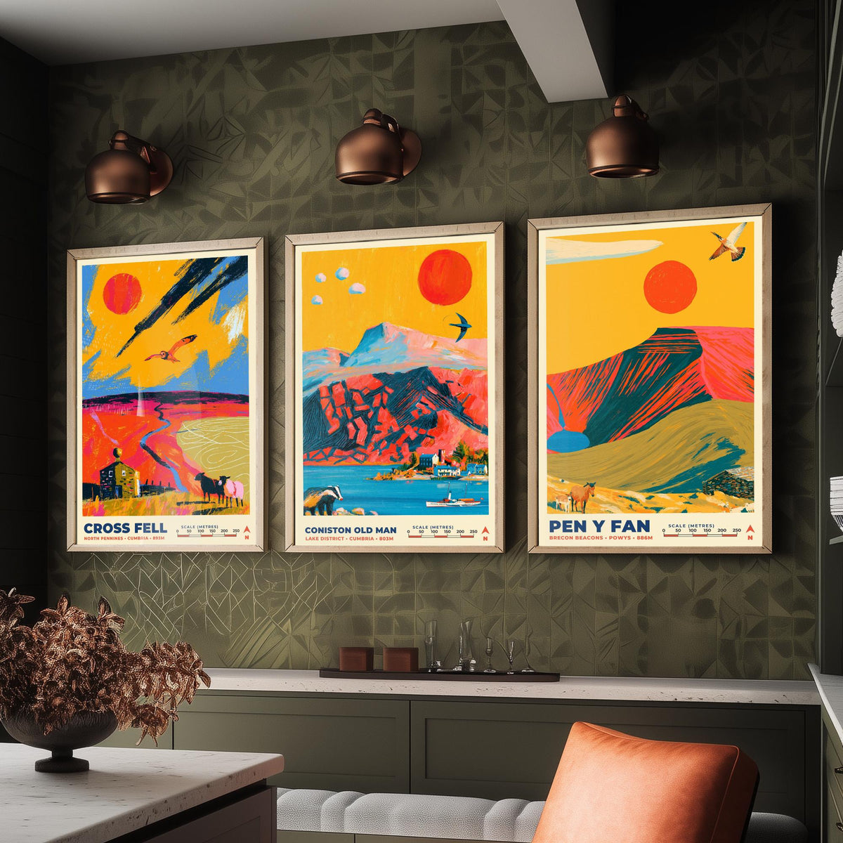 Heritage and Outliers Set of Three Art Prints, Cross Fell Coniston Old Man and Pen y Fan Poster Illustration