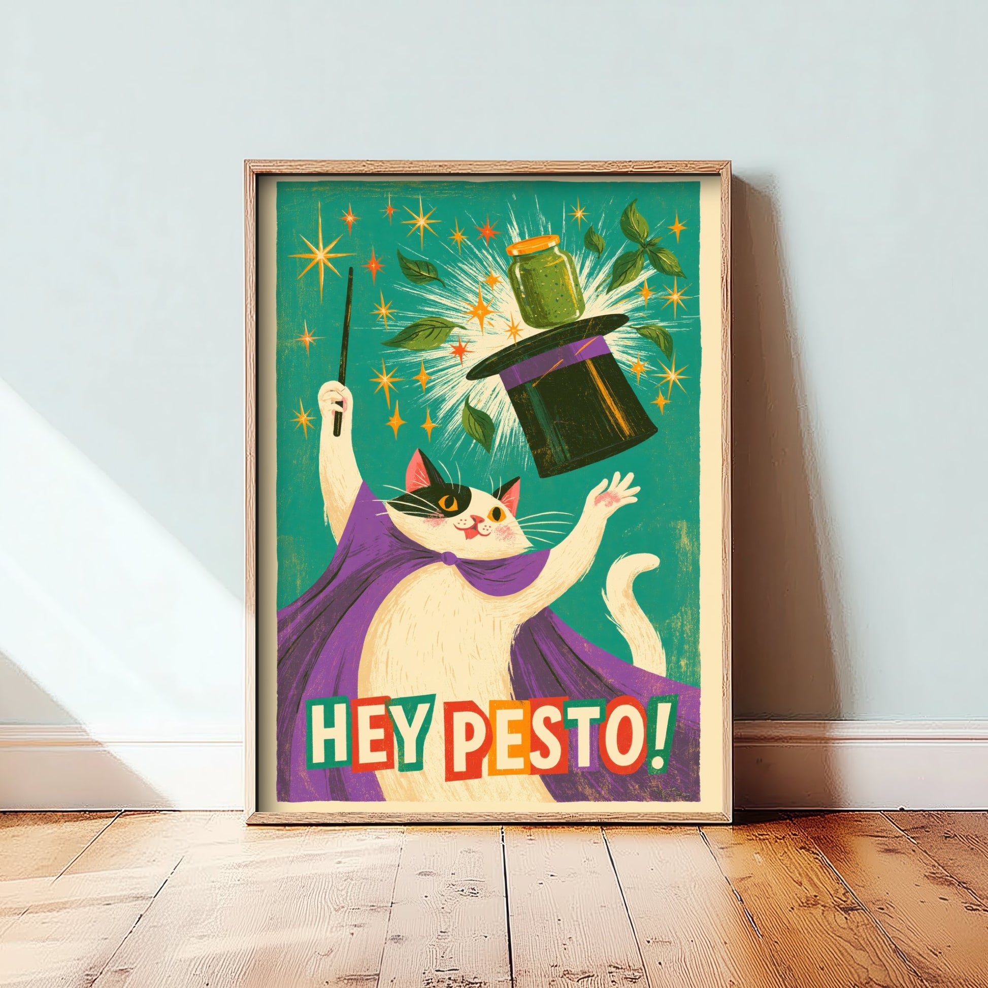 Hey Pesto Art Print - Funny Magician Cat Kitchen Poster - Retro Pesto Pun Illustration V1