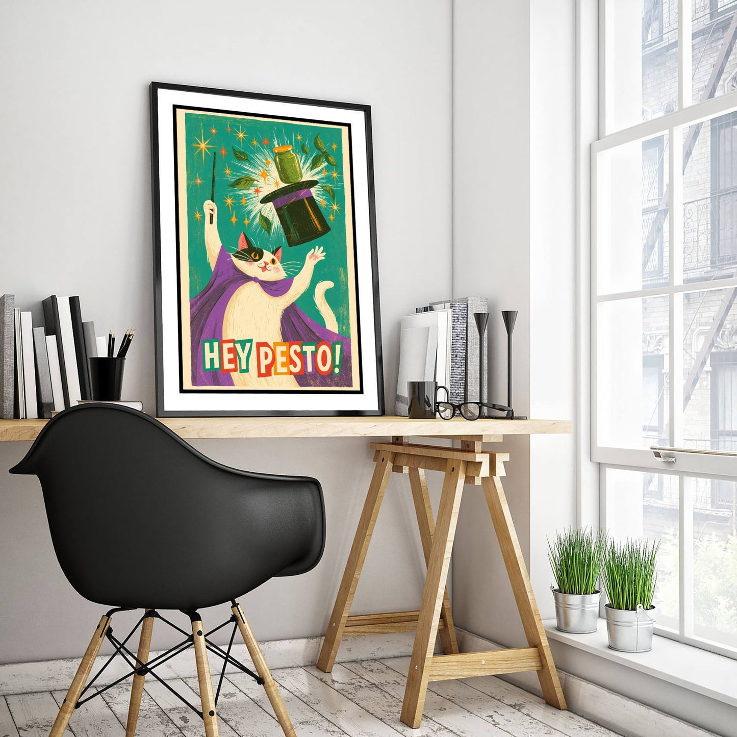 Hey Pesto Art Print - Funny Magician Cat Kitchen Poster - Retro Pesto Pun Illustration V1