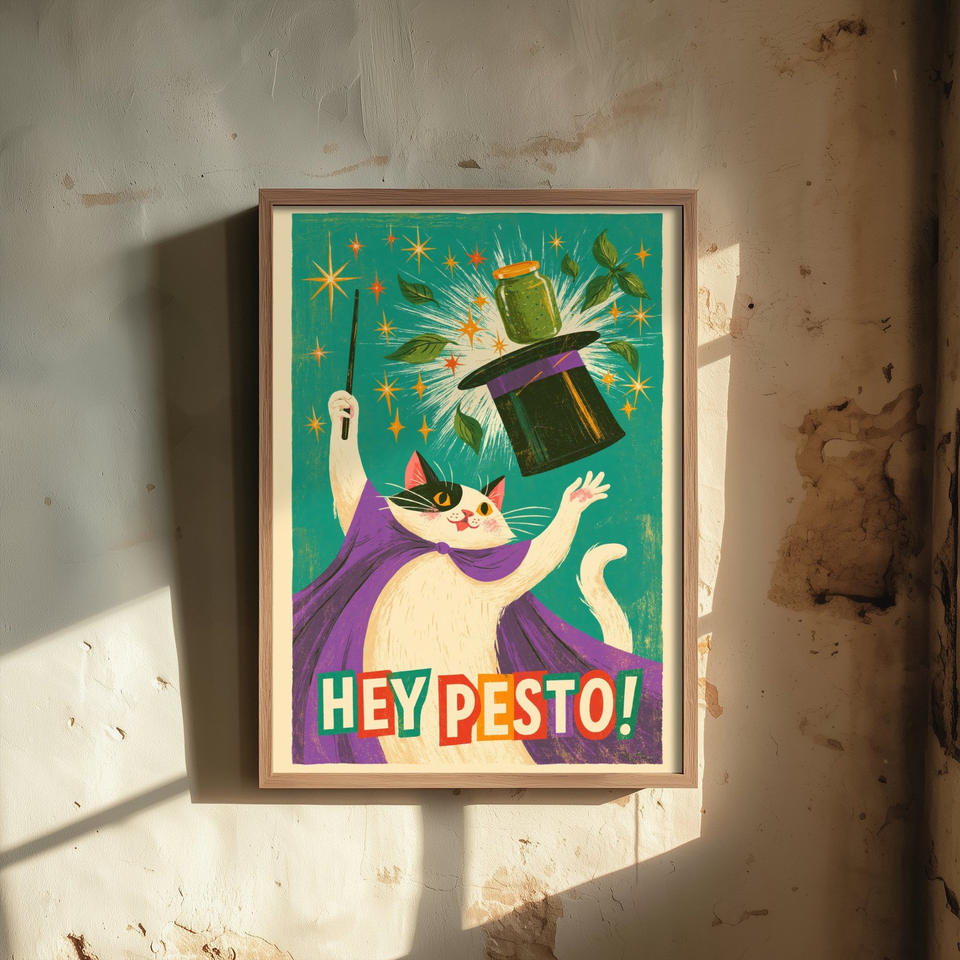 Hey Pesto Art Print - Funny Magician Cat Kitchen Poster - Retro Pesto Pun Illustration V1