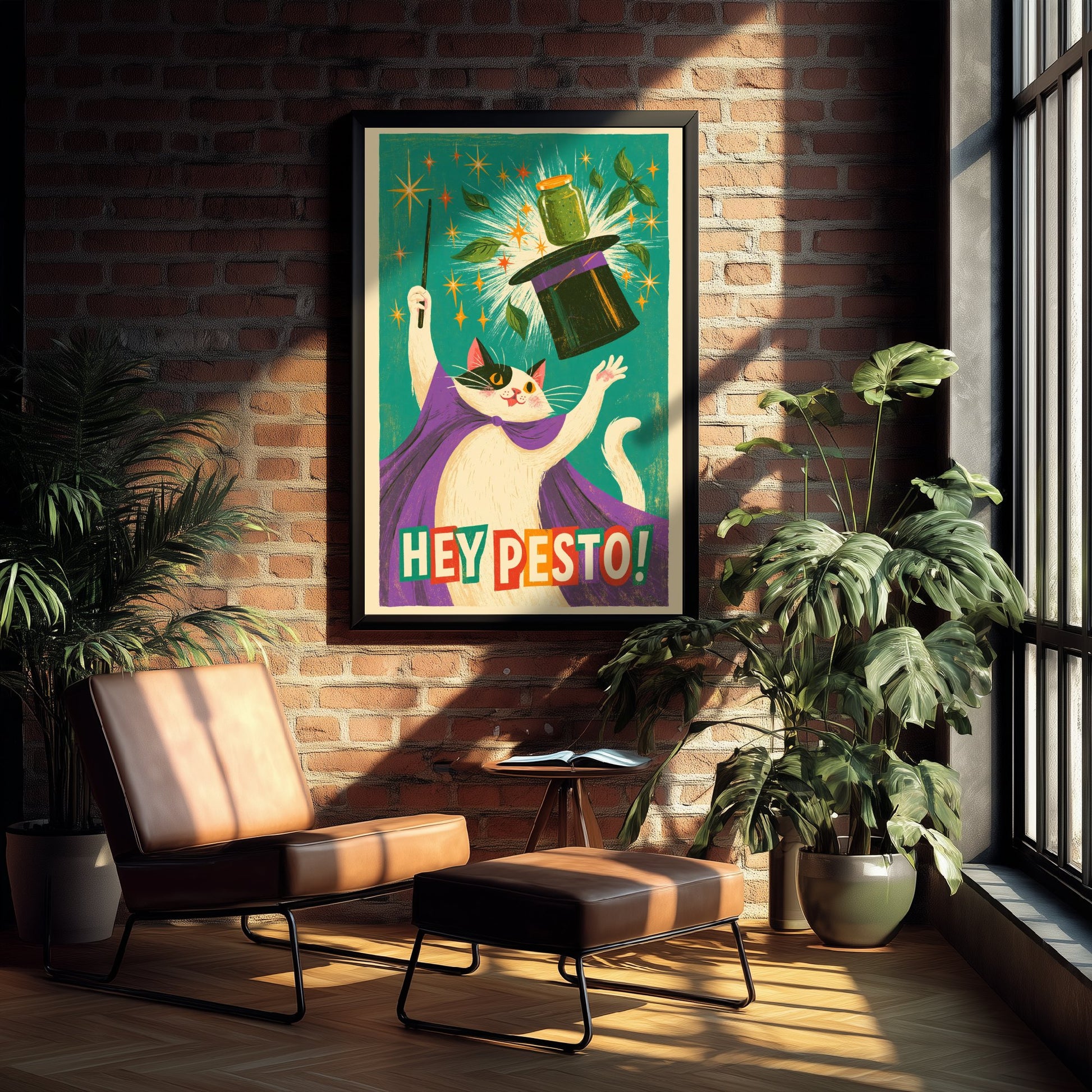 Hey Pesto Art Print - Funny Magician Cat Kitchen Poster - Retro Pesto Pun Illustration V1