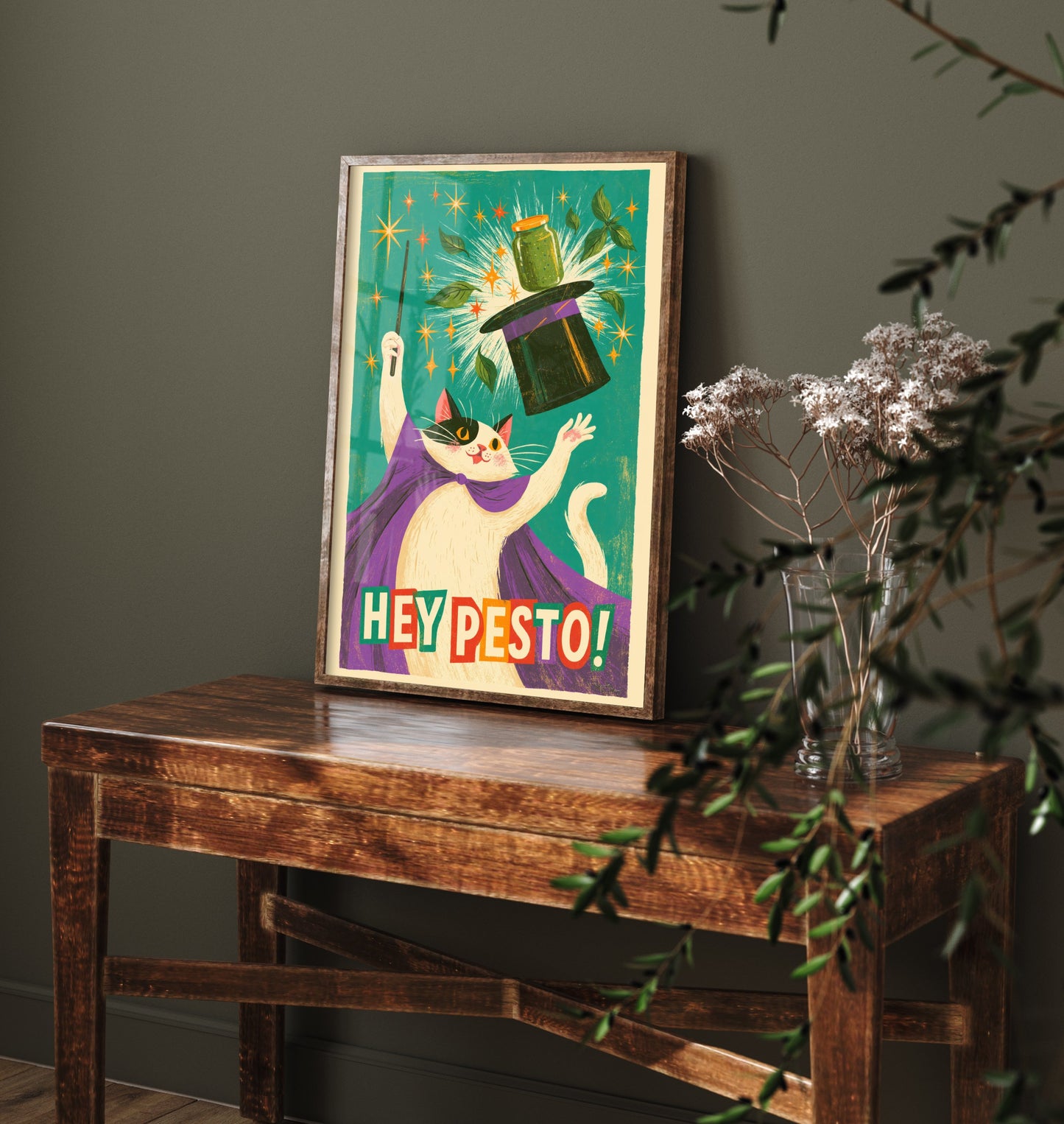 Hey Pesto Art Print - Funny Magician Cat Kitchen Poster - Retro Pesto Pun Illustration V1