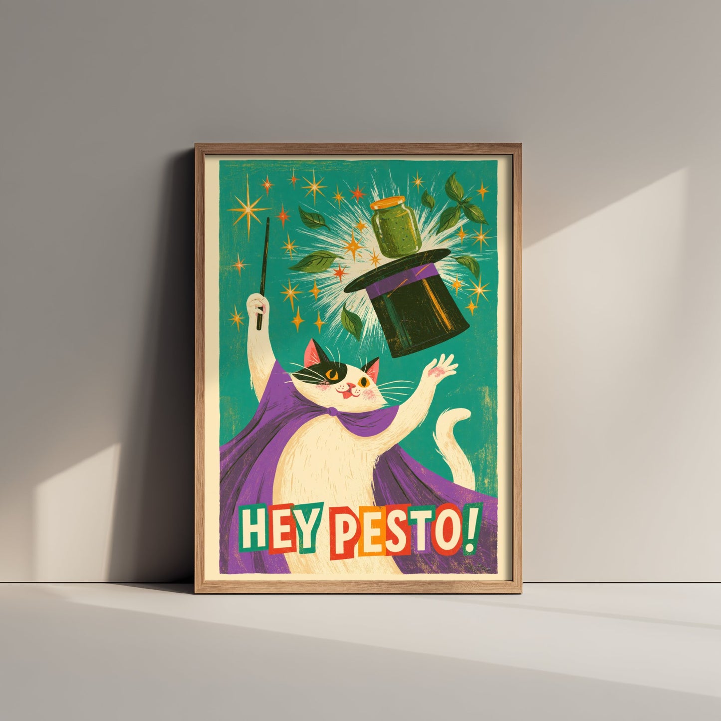 Hey Pesto Art Print - Funny Magician Cat Kitchen Poster - Retro Pesto Pun Illustration V1