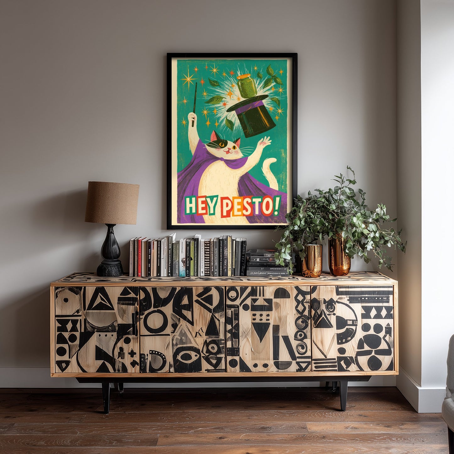 Hey Pesto Art Print - Funny Magician Cat Kitchen Poster - Retro Pesto Pun Illustration V1