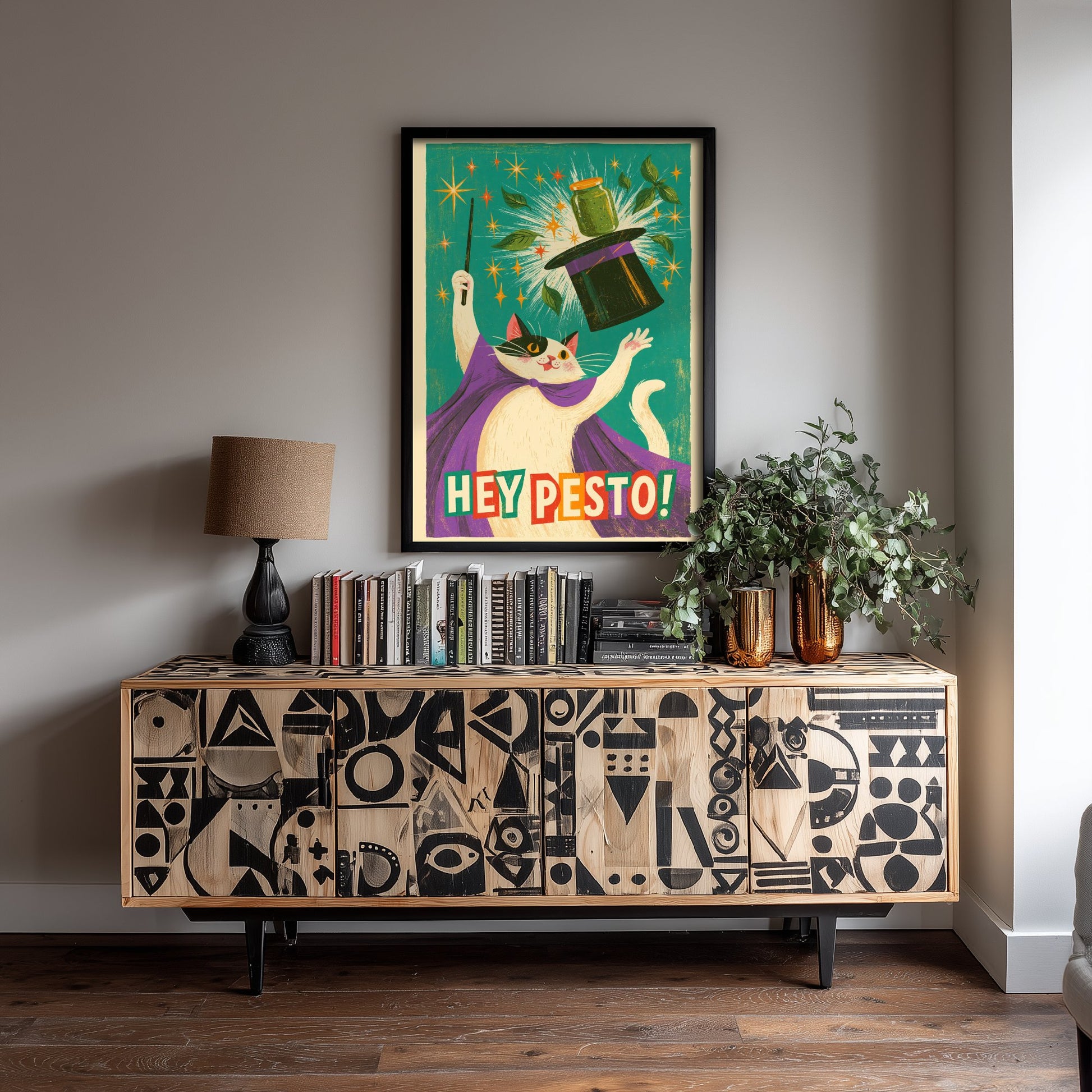 Hey Pesto Art Print - Funny Magician Cat Kitchen Poster - Retro Pesto Pun Illustration V1