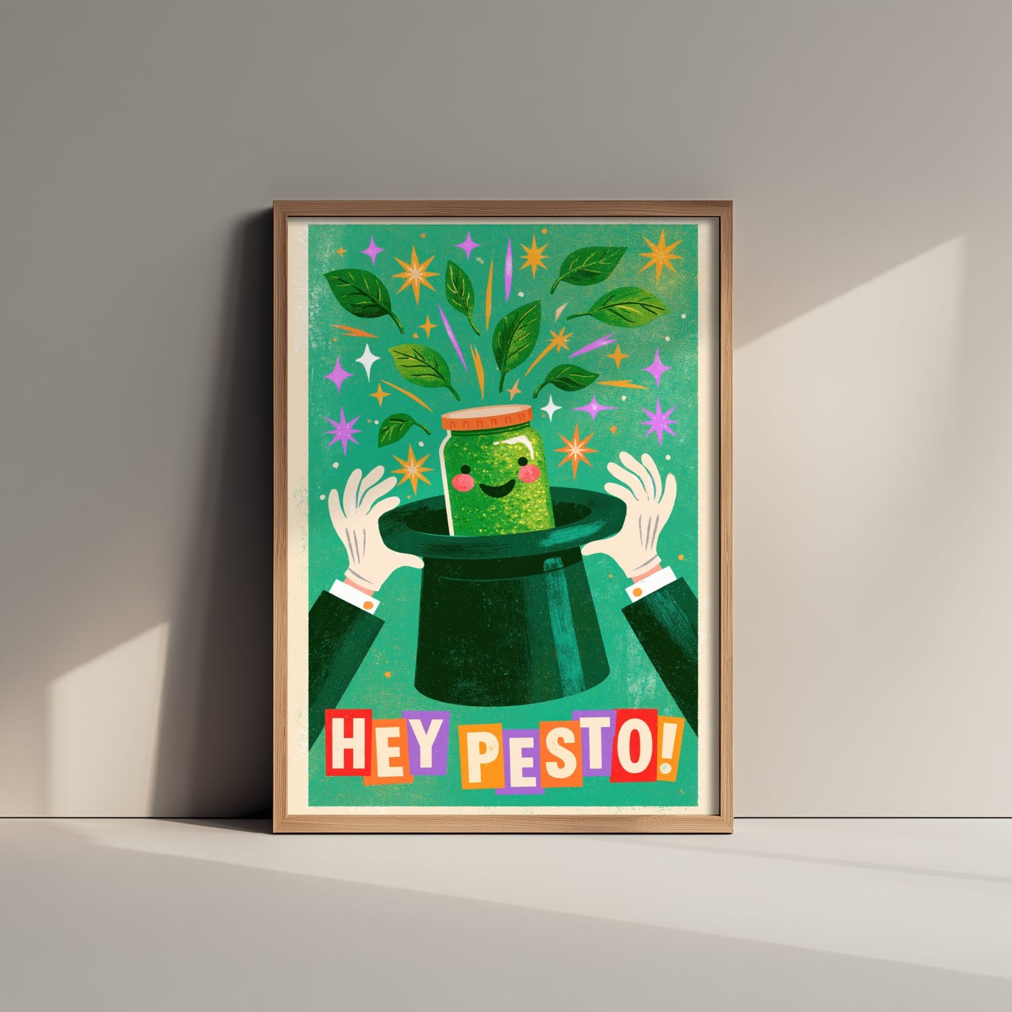Hey Pesto Kitchen Print - Smiling Pesto Jar in a Top Hat Poster - Vintage Magic Show Illustration V2