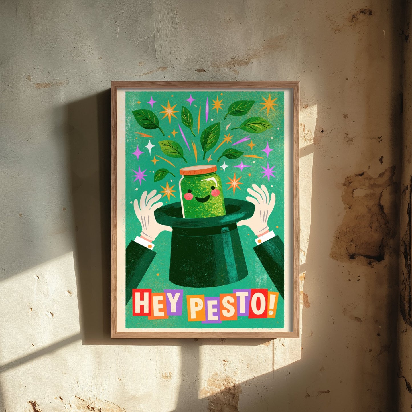 Hey Pesto Kitchen Print - Smiling Pesto Jar in a Top Hat Poster - Vintage Magic Show Illustration V2