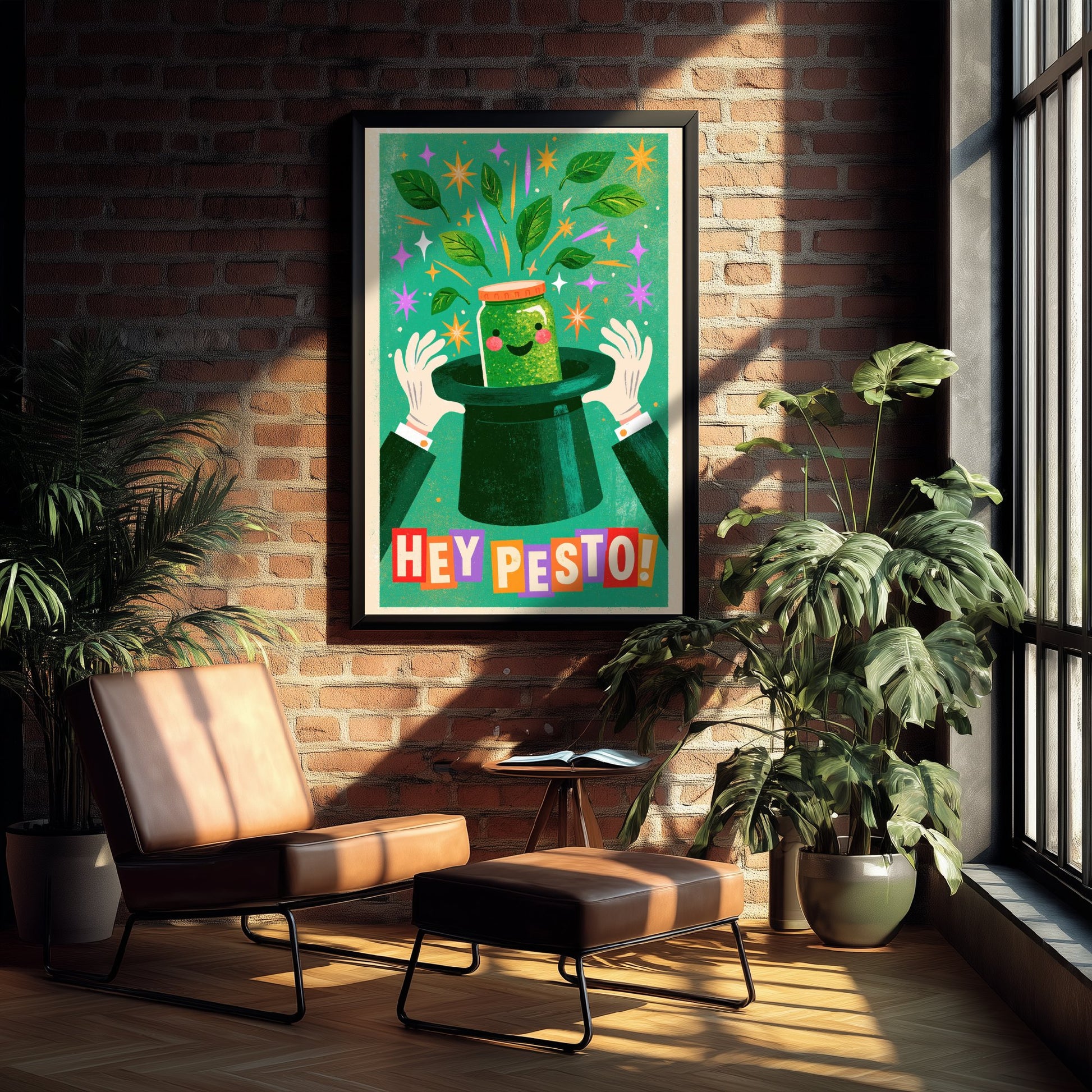 Hey Pesto Kitchen Print - Smiling Pesto Jar in a Top Hat Poster - Vintage Magic Show Illustration V2