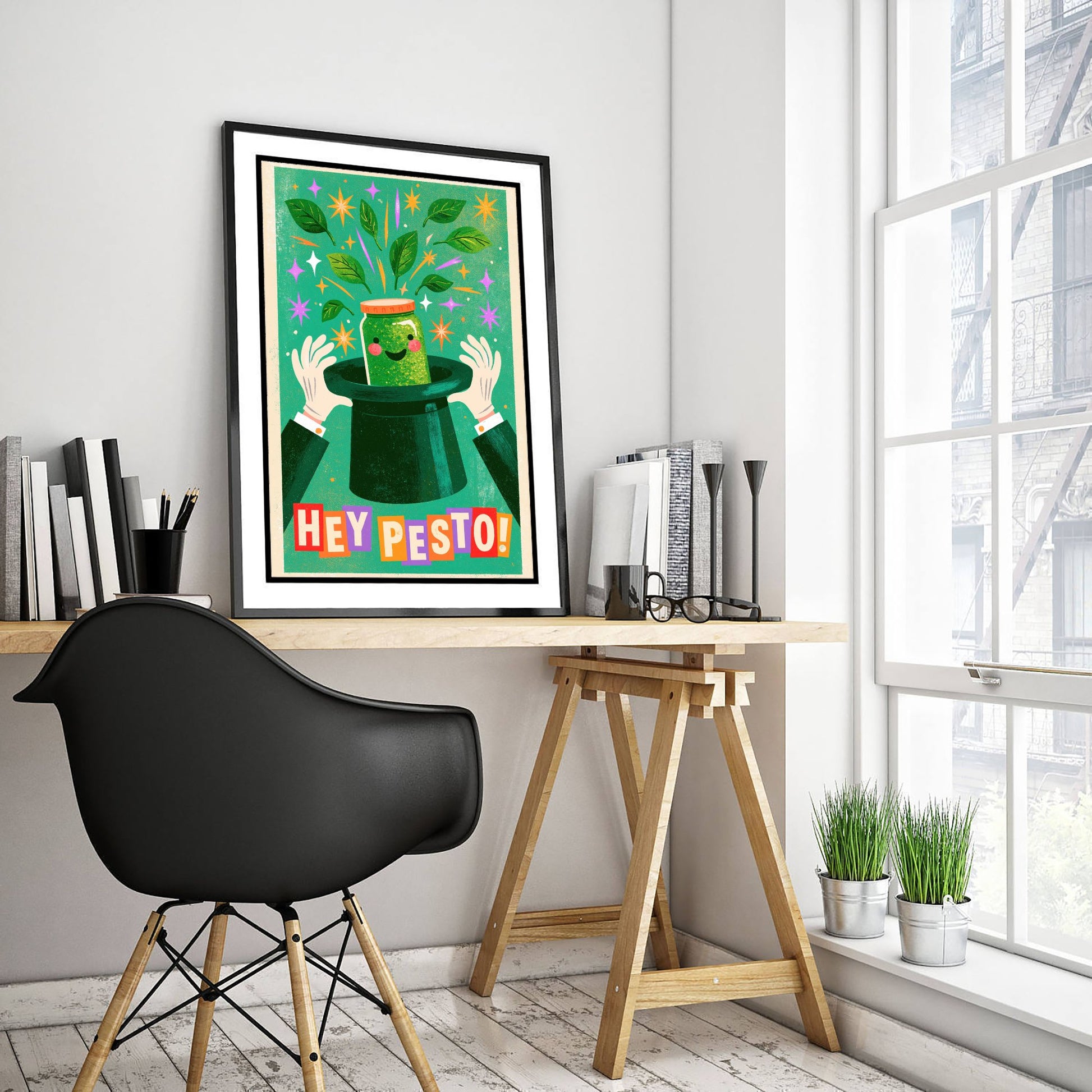 Hey Pesto Kitchen Print - Smiling Pesto Jar in a Top Hat Poster - Vintage Magic Show Illustration V2
