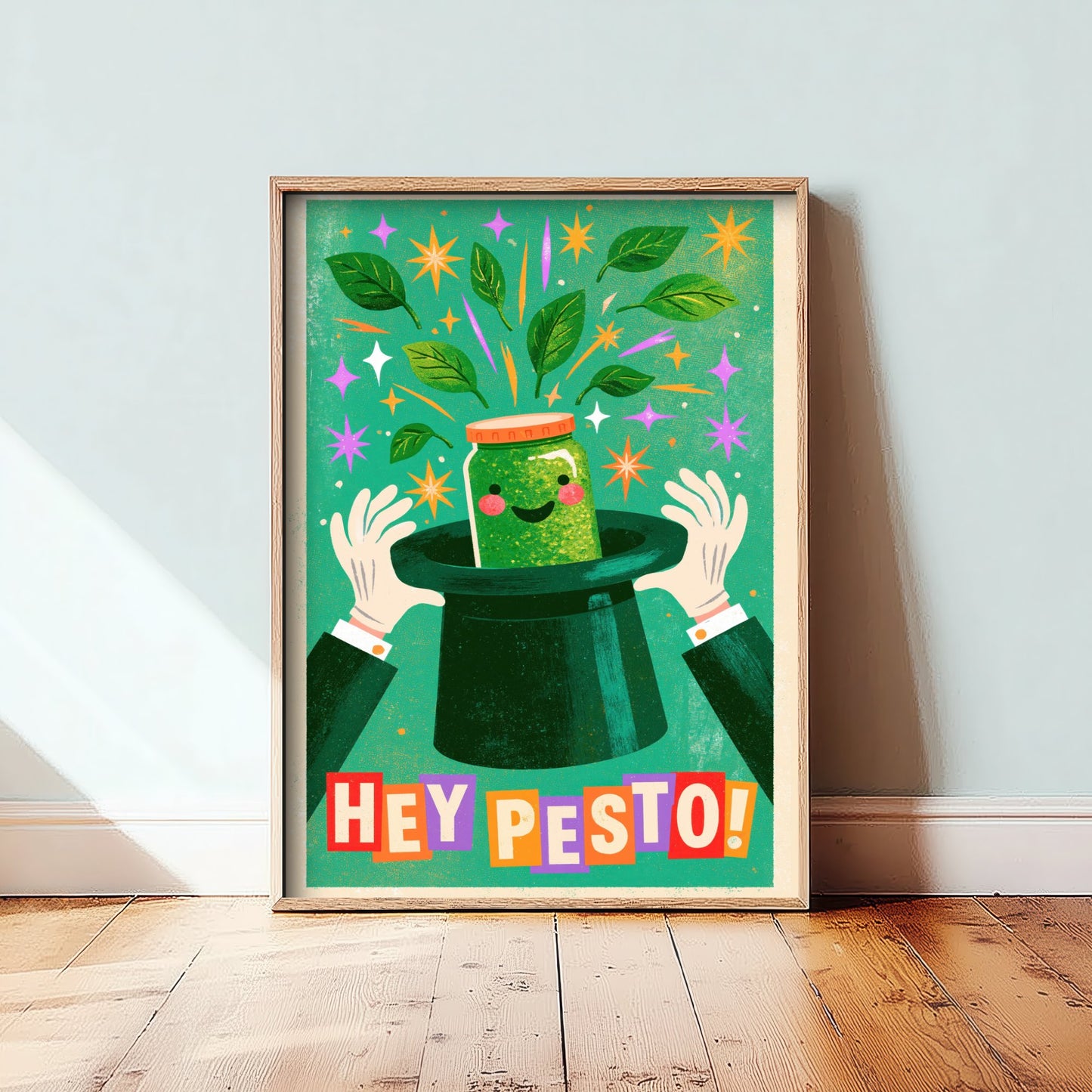 Hey Pesto Kitchen Print - Smiling Pesto Jar in a Top Hat Poster - Vintage Magic Show Illustration V2